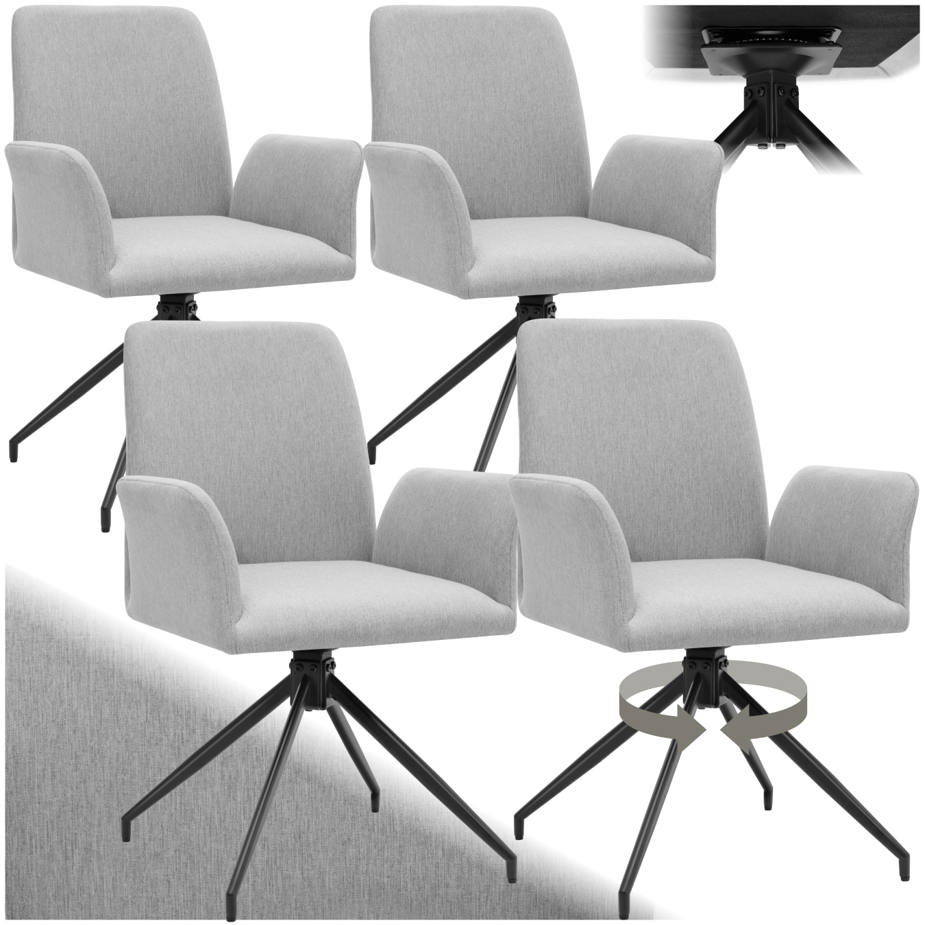Draaibare fauteuil Daya, gestoffeerd - lichtgrijs, Set van 4 | tectake
