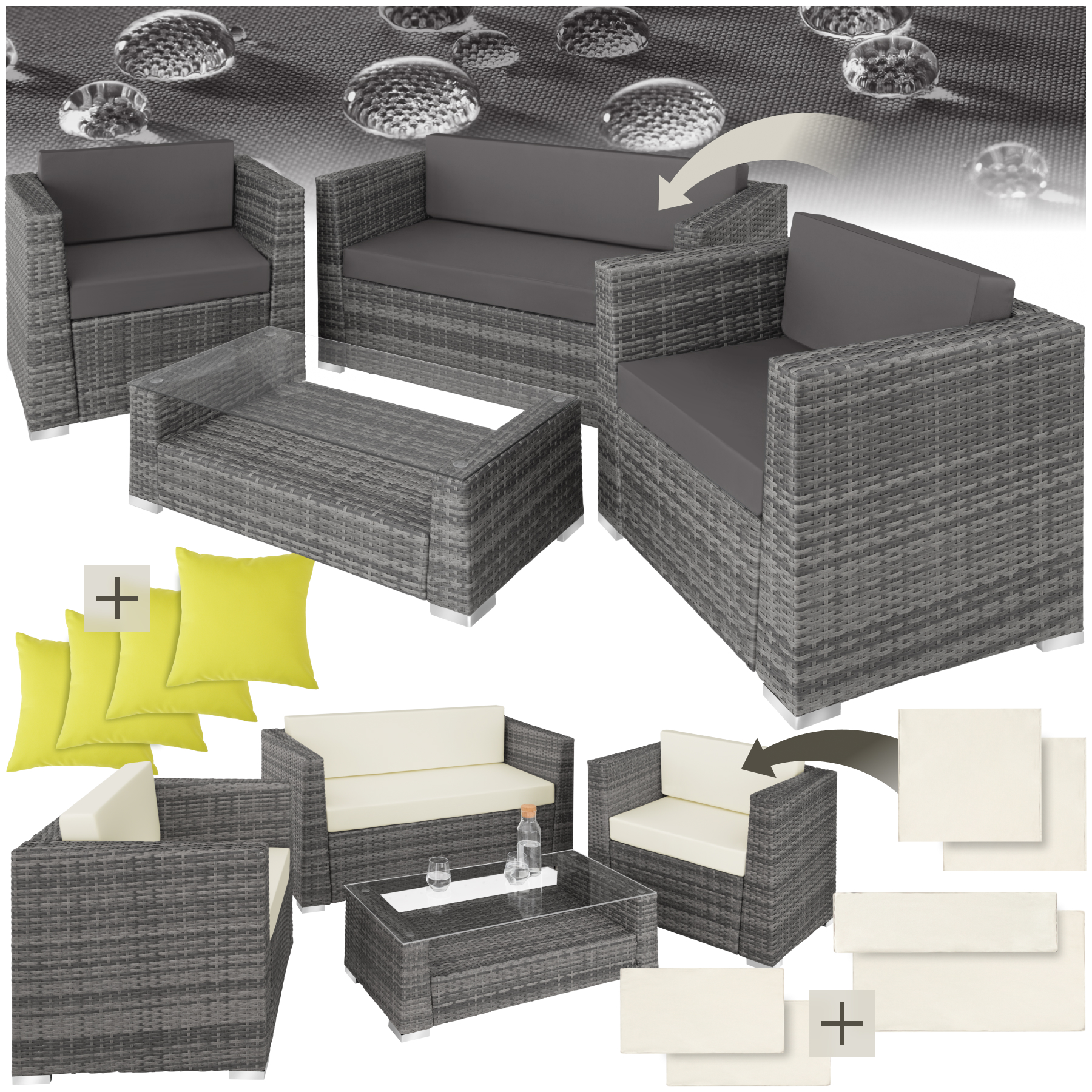 Salon bas de jardin Munich 4 places avec 2 sets de housses - gris | tectake