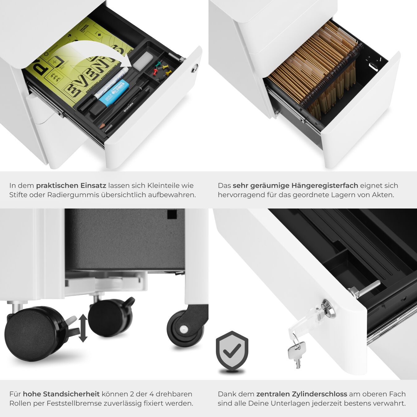 Rollcontainer 2 Schubladen Büroschrank Abschließbar Aktenschrank Hängeregister - Bild 18 von 25