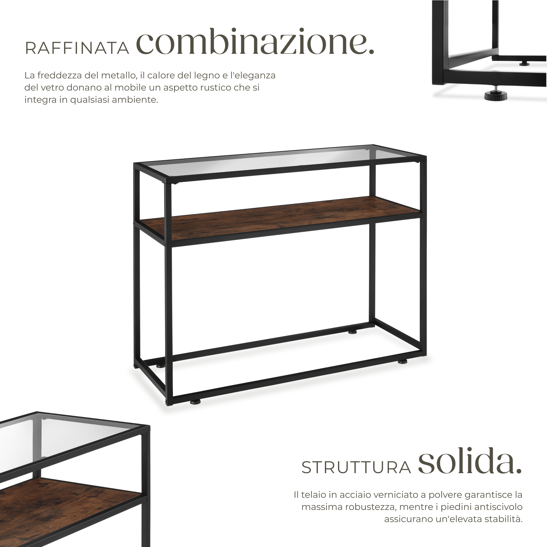 Tavolo console vetro corridoio tavolino appoggio 2 ripiani legno metallo - Foto 4 di 25