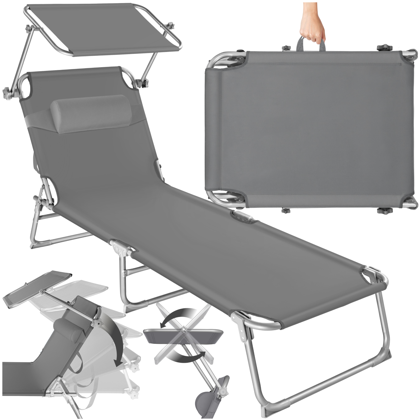 Sun Lounger - foldable, adjustable sunroof, 4-step backrest, head cushion - grey