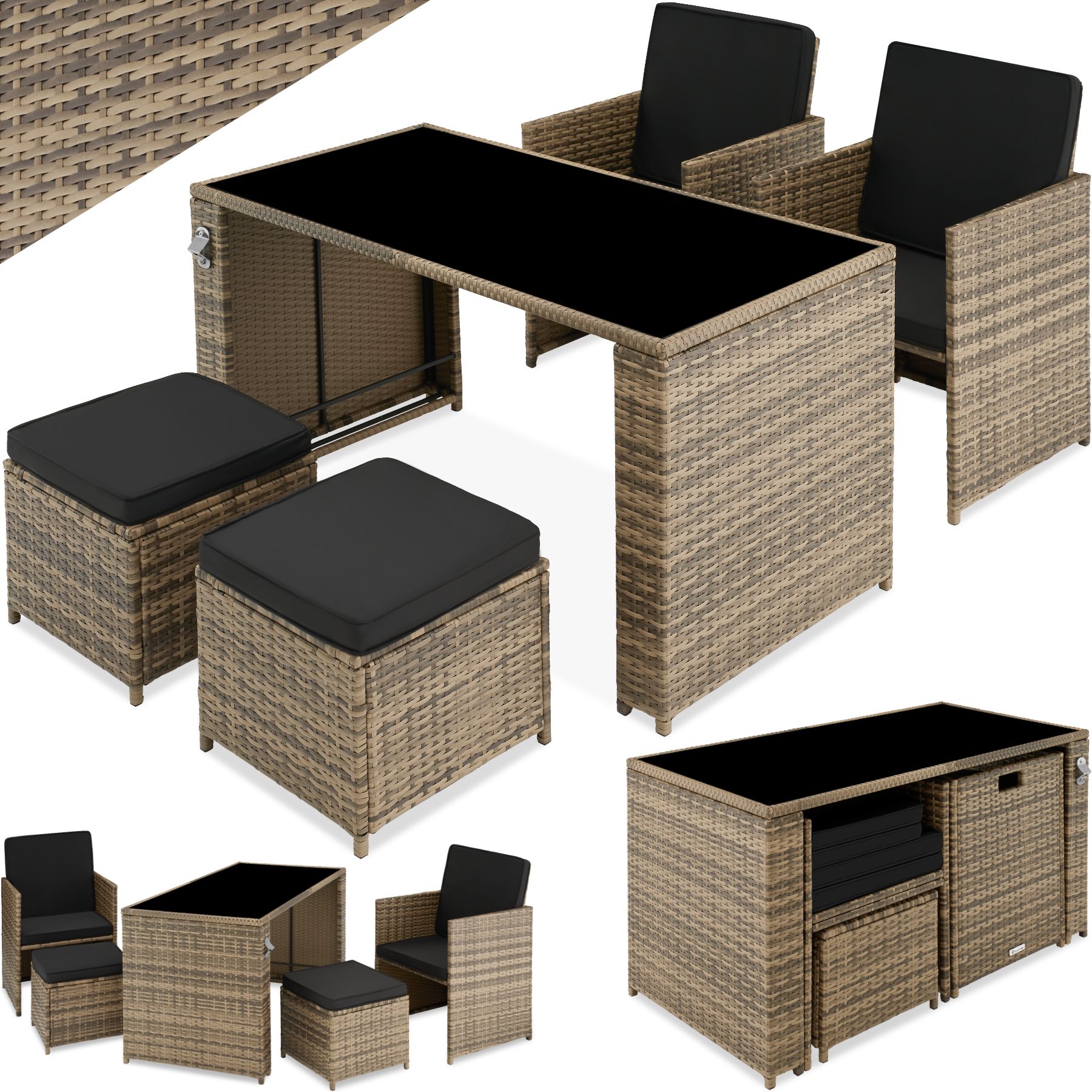Conjunto de rattan PALERMO 2+2+1 - natural | tectake