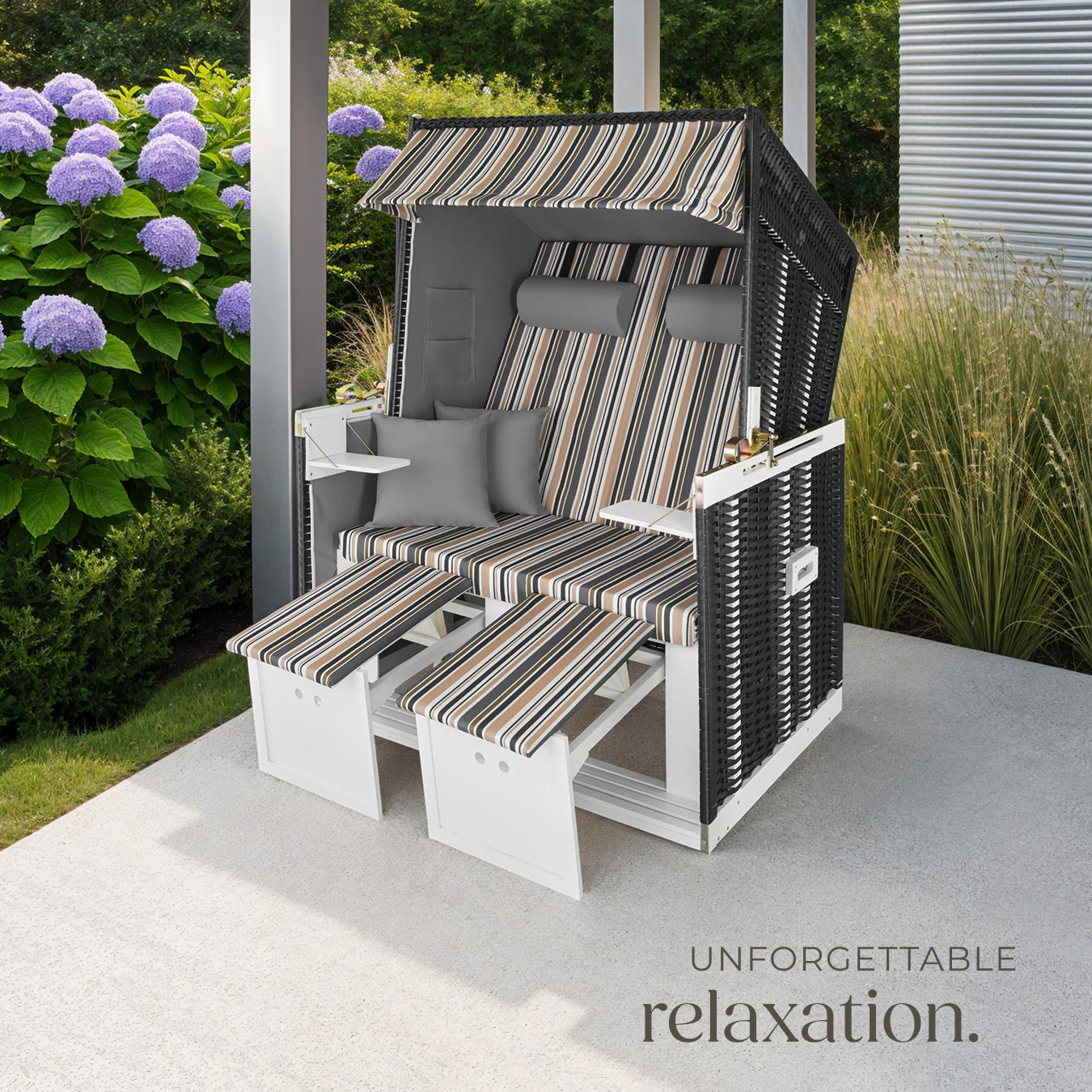 Wicker Chair Outdoor Beach Sunbed with Pillows Roofed Recline Sun Lounger - Picture 32 of 49