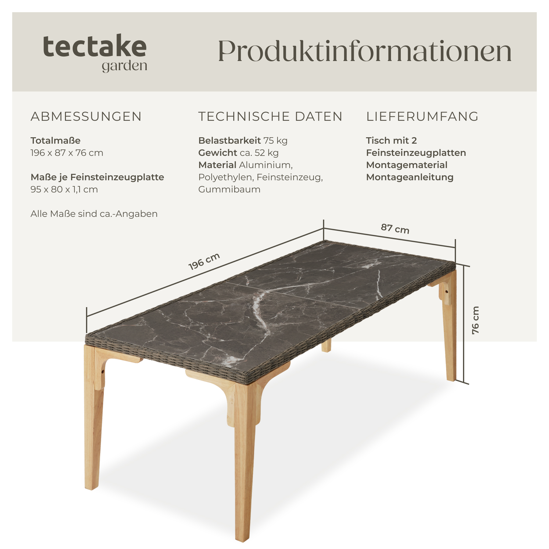 Alu Rattan Tisch Gartentisch Esstisch Terrassentisch in Marmoroptik Holzbeine