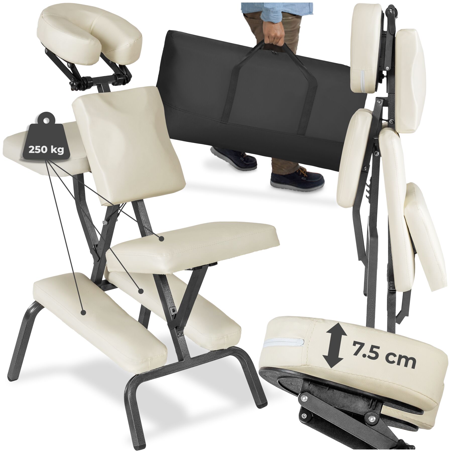 Massage Chair - foldable, cushions for head, chest, arms and seat, with carry bag - beige | tectake
