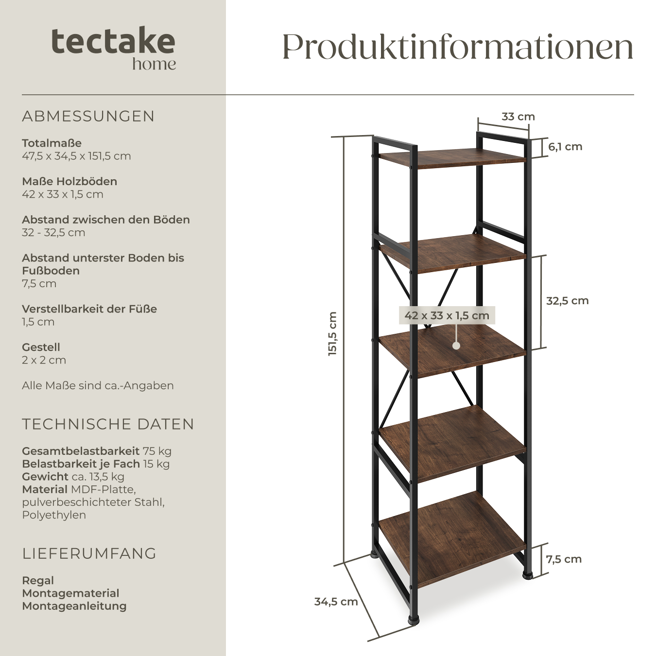 Standregal Bücherregal 5 Ebenen Medienregal Industrial Regal Metall Holz schwarz