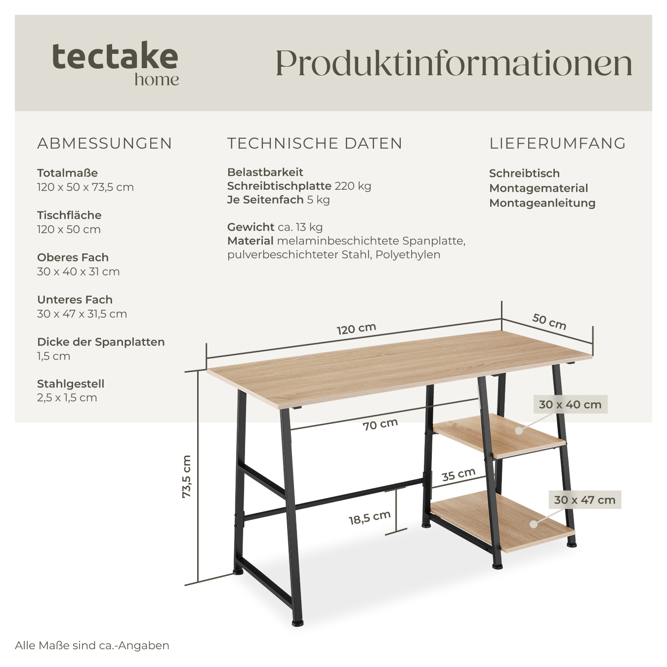 Schreibtisch Computertisch Bürotisch mit Regal 2 Ablagen Holz Metall Industrie