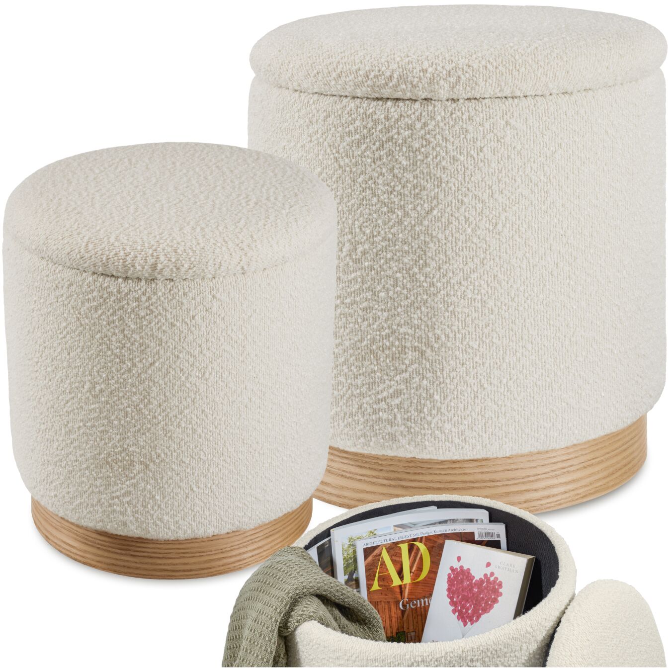 Stools Orchid Set of 2 - padded, bouclé cover footstools, large storage space - cream