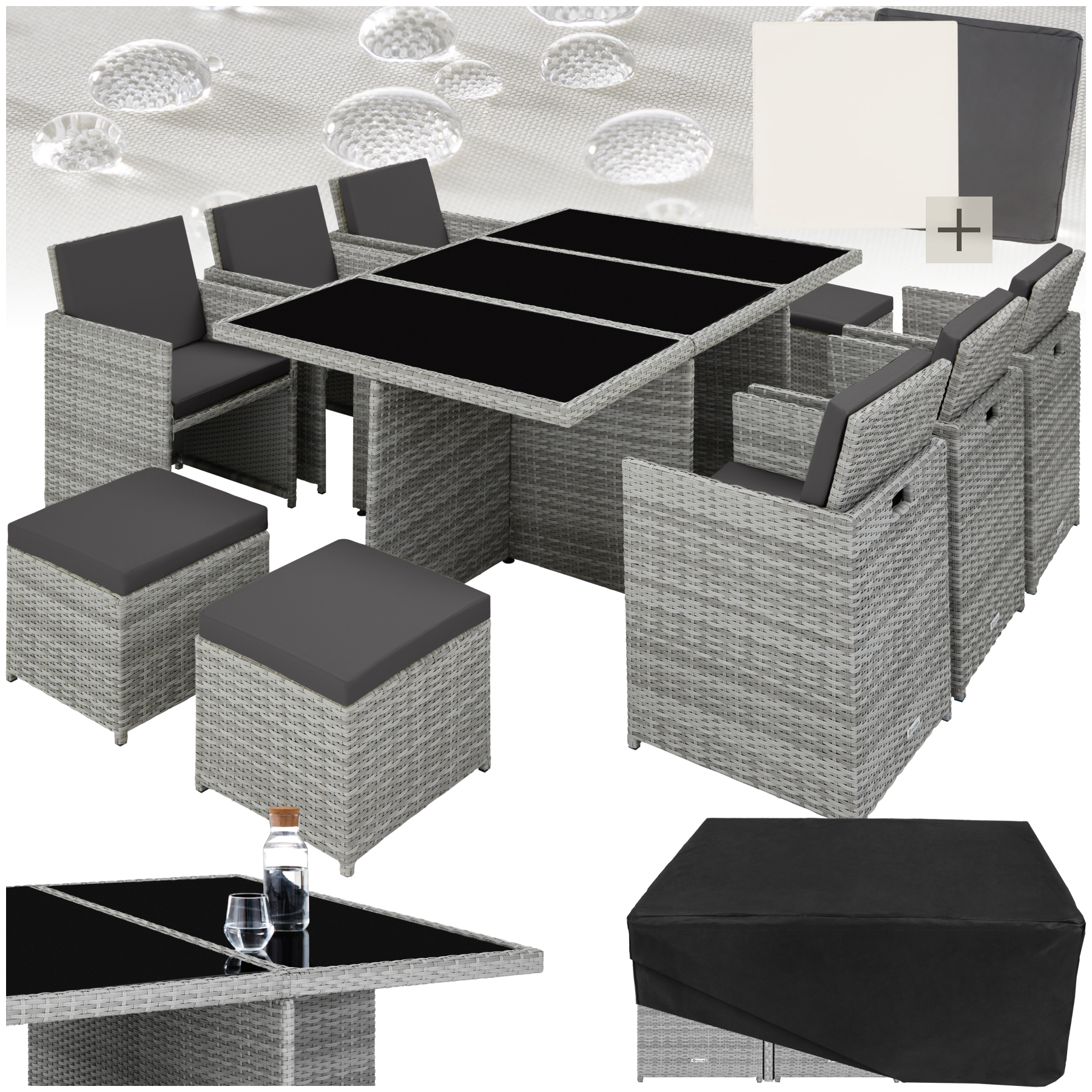Ensemble de salon en rotin et aluminium New York 6+4+1 avec housse de protection - gris clair | tectake