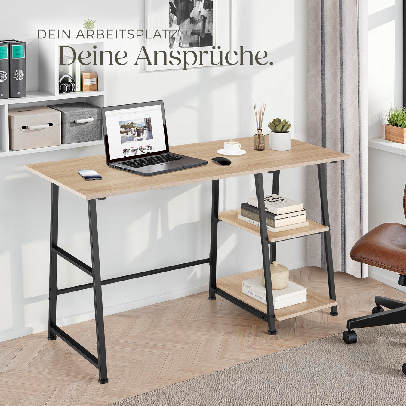 Schreibtisch Computertisch Bürotisch mit Regal 2 Ablagen Holz Metall Industrie