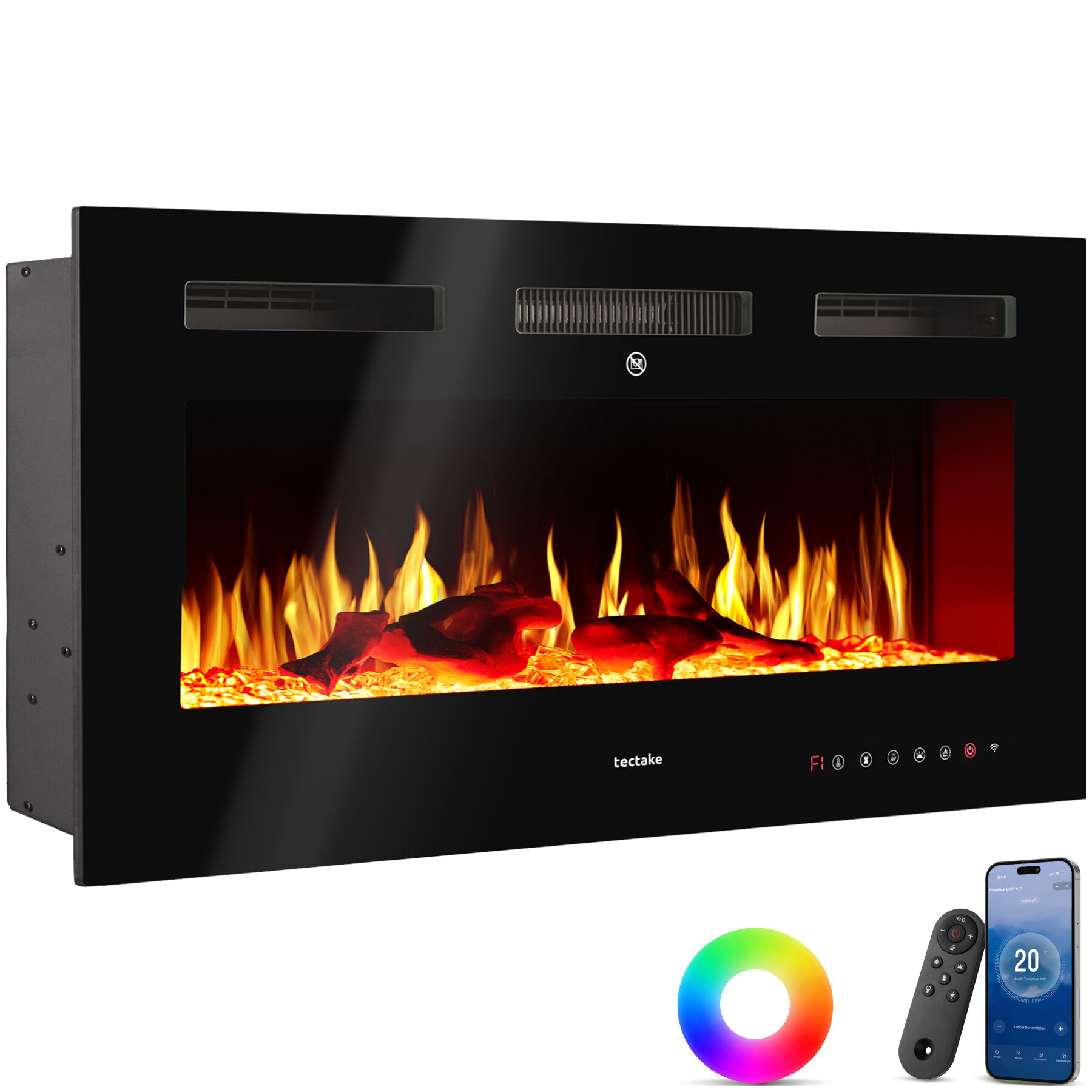 Elektro-Wandkamin Luci, 2 Heizstufen, Flammeneffekt - 106,5 x 12 x 43 cm