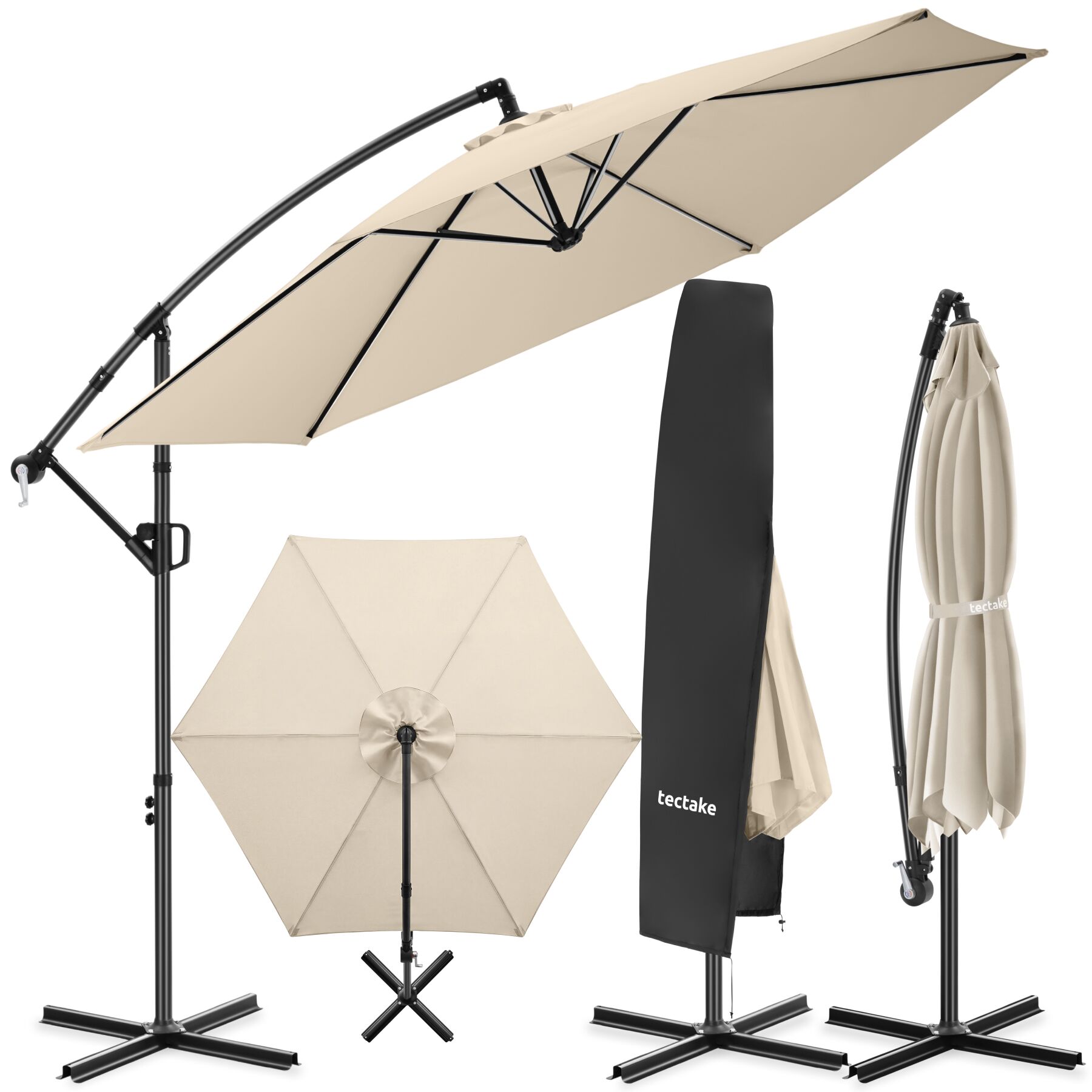 Parasol à pied déporté Artemis, pivotant à 360°, inclinable, 3 x 3 m - beige | tectake