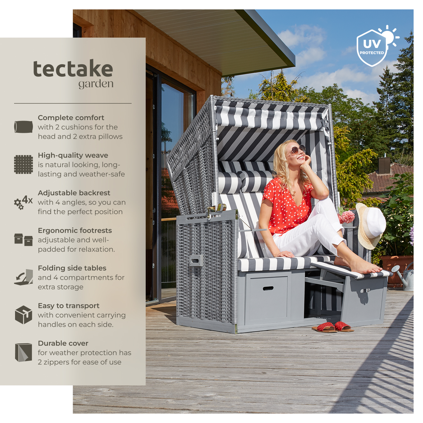 Wicker Chair Outdoor Beach Sunbed with Pillows Roofed Recline Sun Lounger - Picture 3 of 49