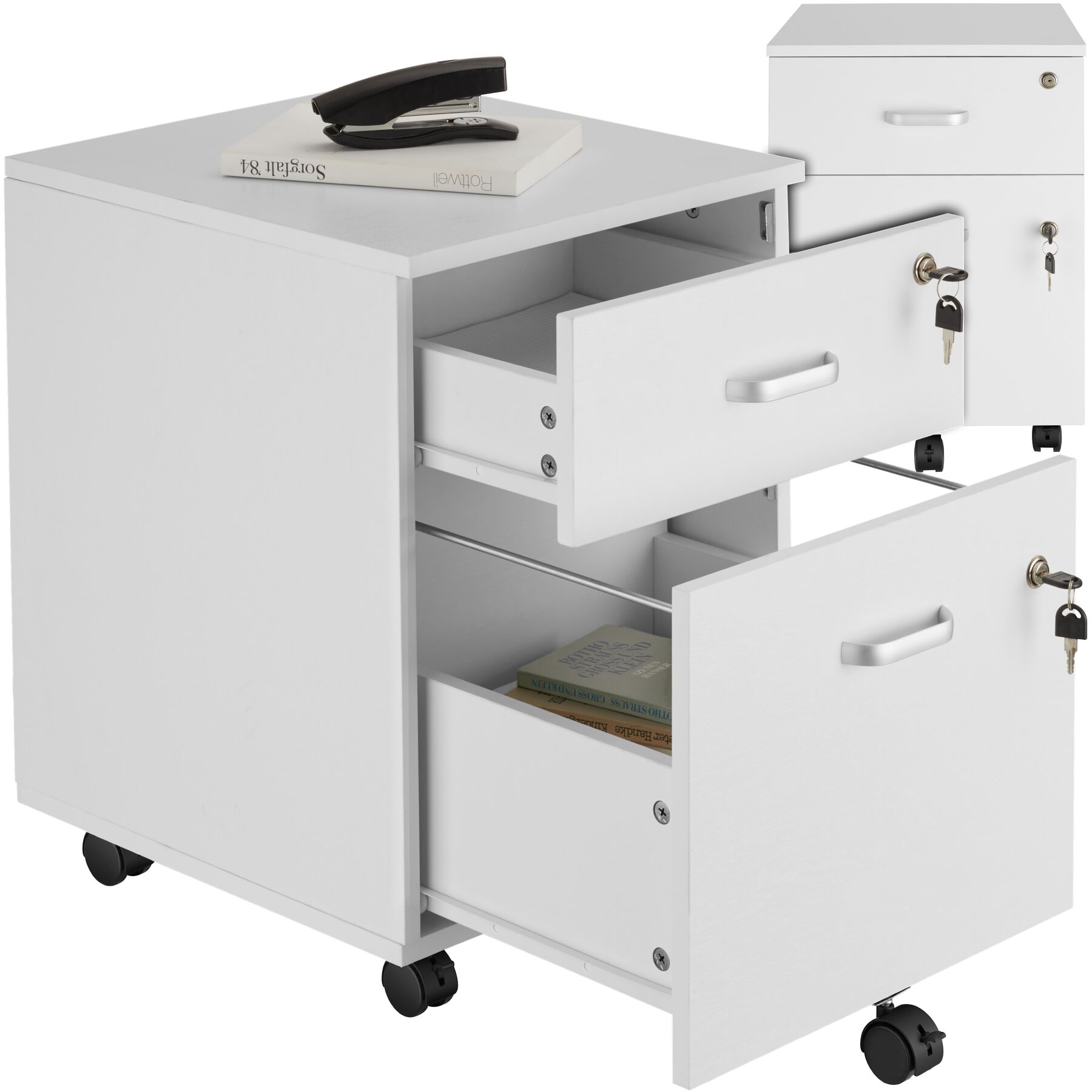 Filing Cabinet - 2 rolling, lockable drawers, fits A4 documents - white