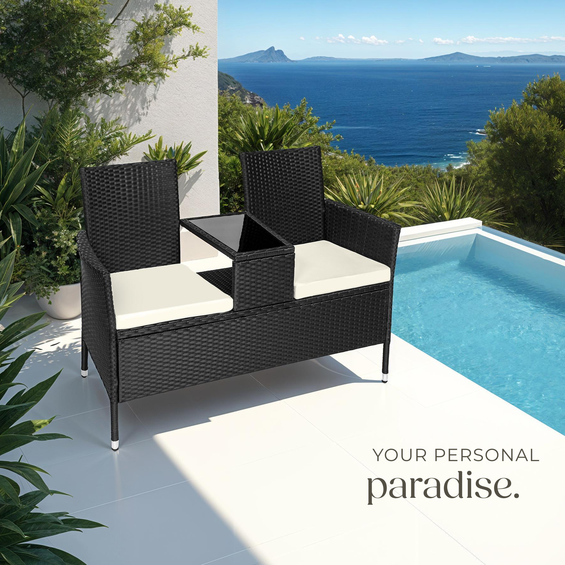 Poly Rattan Bench Glass Table Garden Furniture 2 Seats Wicker Patio Balcony New - Picture 39 of 81