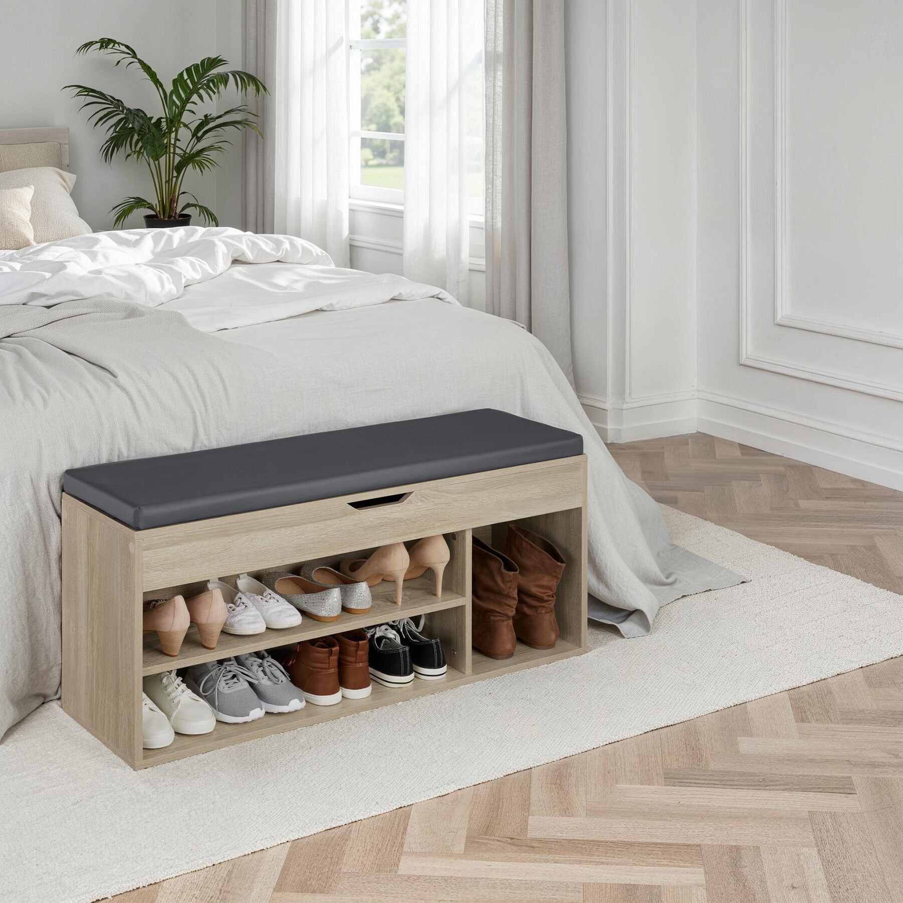 Schuhbank mit Sitzkissen Holz Schuhschrank Schuhregal Sitzfläche Klappfach 104cm - Bild 34 von 37