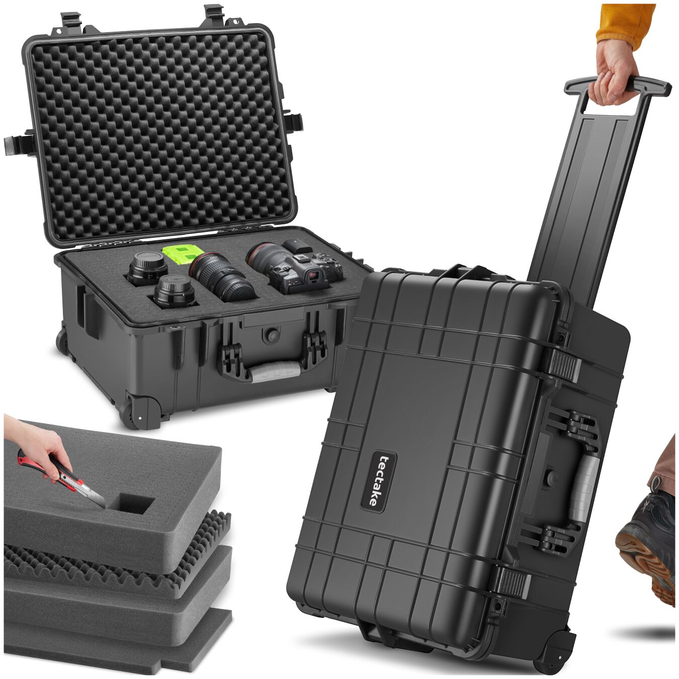 Camera Case - hard shell, foam inserts, waterproof, telescopic handle - 45 x 26 x 58 cm