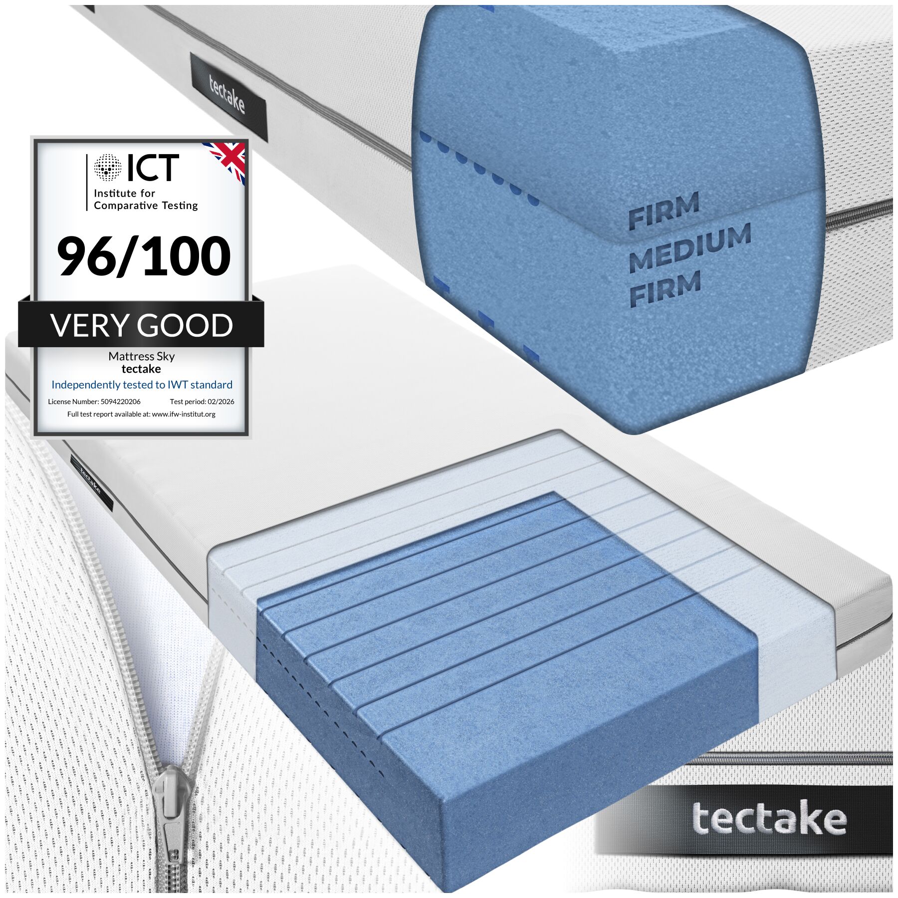 2-in-1 Mattress Sky - 2 firmness levels, 3D mesh surface - 90 x 190 cm | tectake