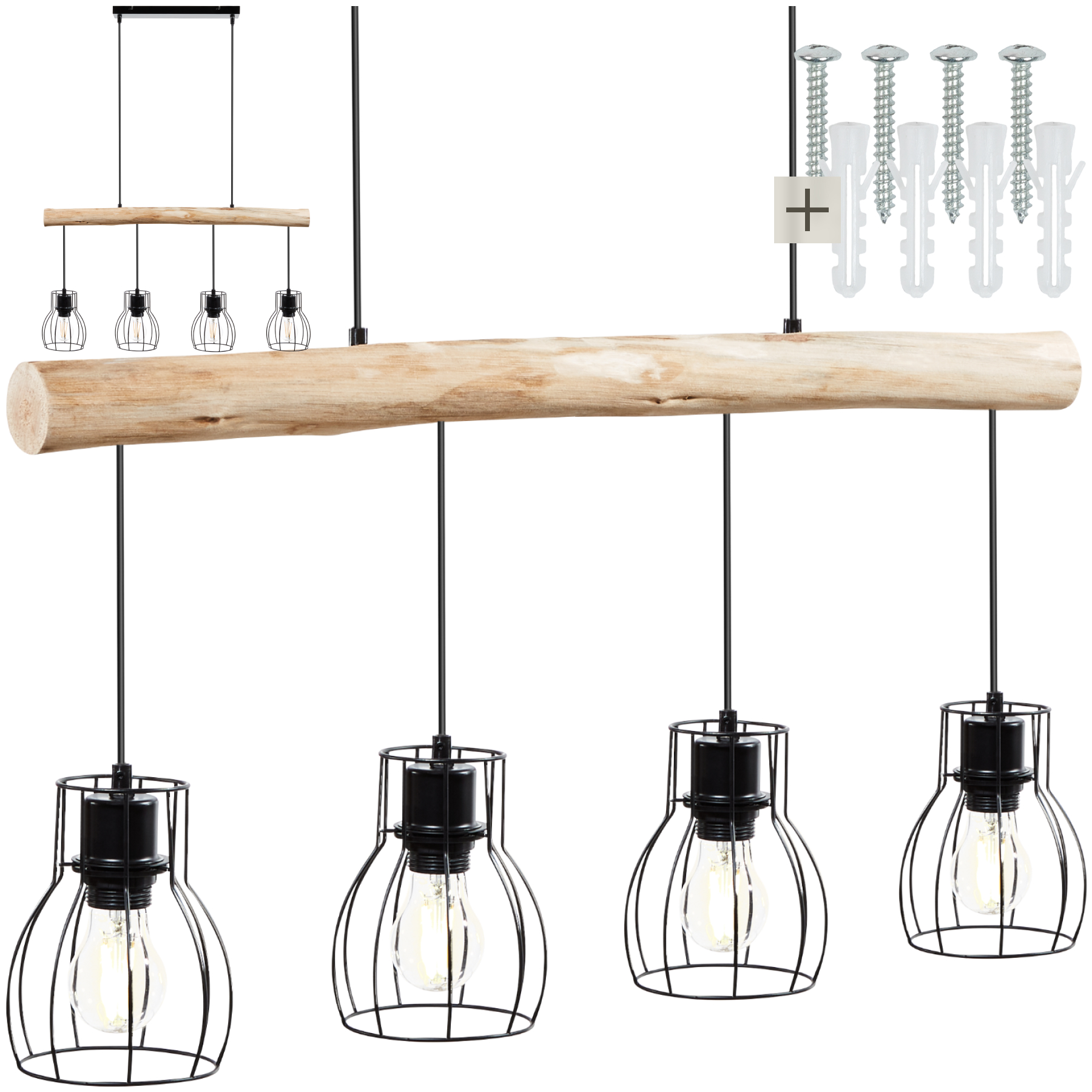 Pendant Light Woody - rustic wood & black metal, minimalist lampshades, 4x E27 bulbs, 82 x 13.5 x 140 cm - black/brown