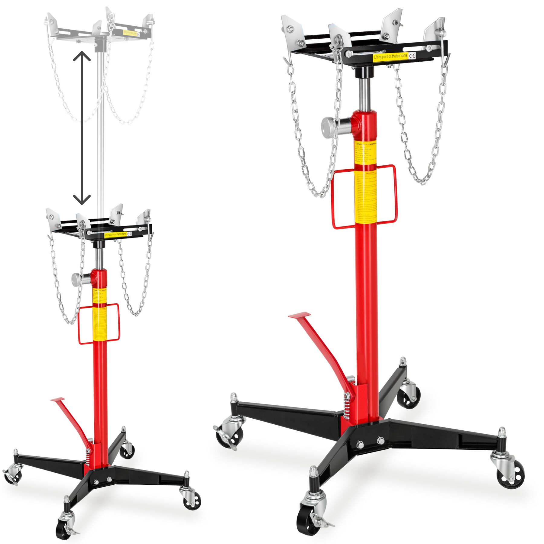 Transmission Jack - 500 kg load capacity, flexible width setting, stable base with 4 castors - red | tectake