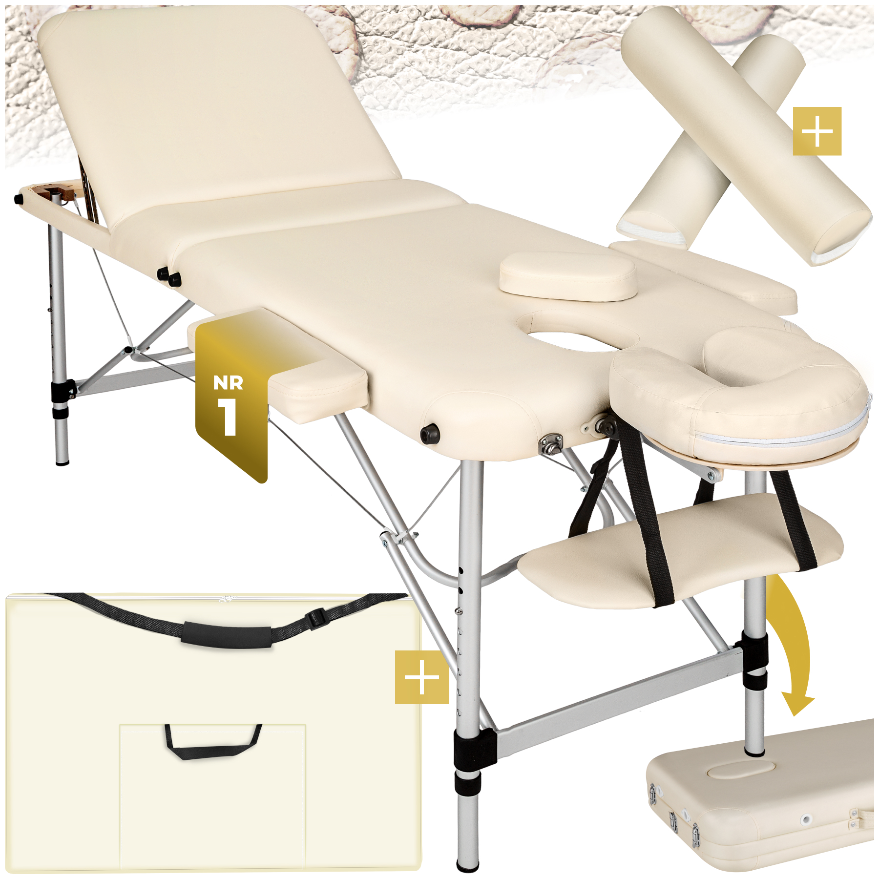 3 Zonen Massageliege-Set mit 5cm Polsterung, Rollen und Aluminiumgestell - beige