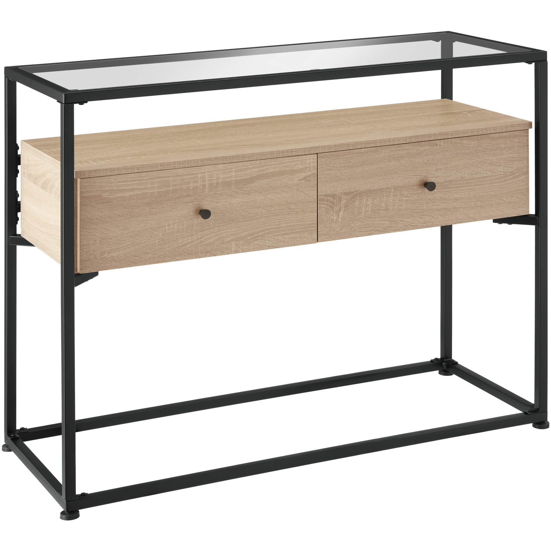 Sideboard Reading - safety glass tabletop, 2 large drawers - industrial wood light, oak Sonoma