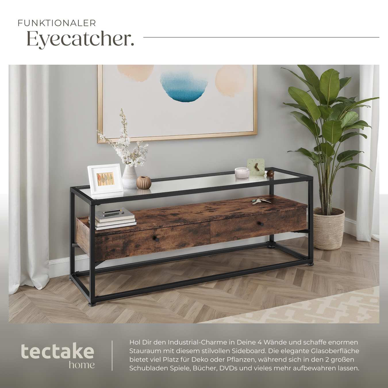Lowboard Sideboard TV-Regal Fernsehtisch 2 Schubladen Glas Holz Metall Industrie