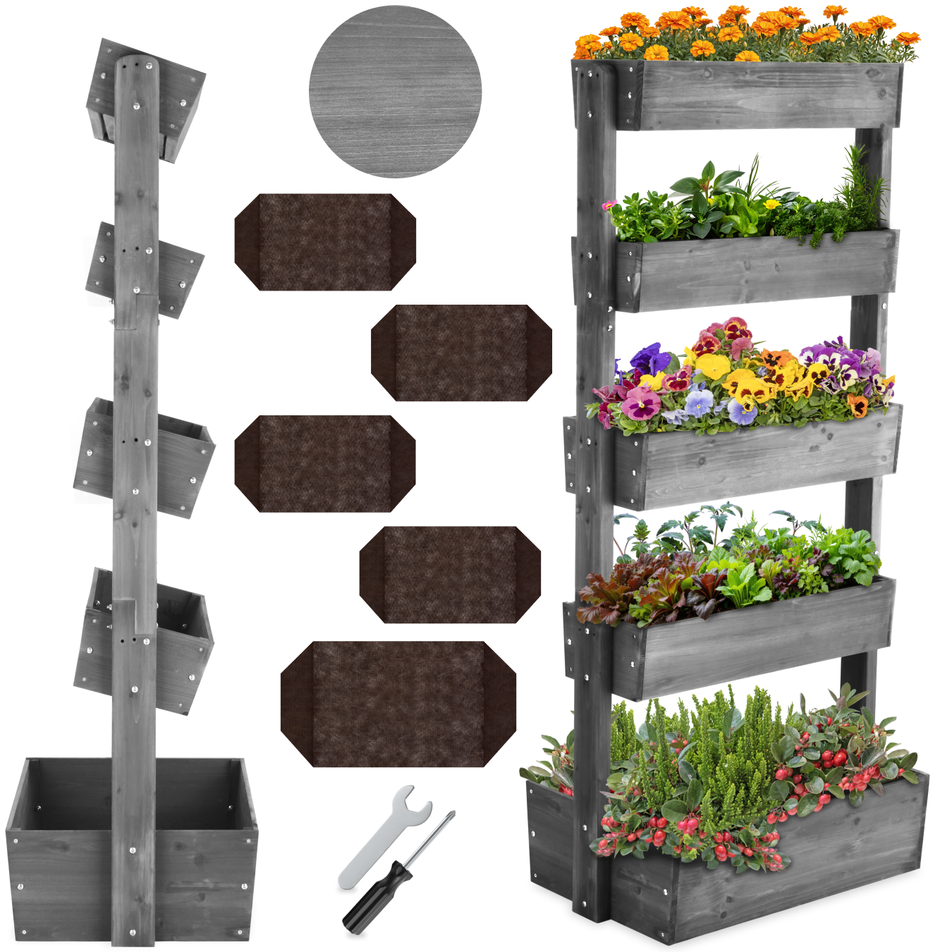 Vertical Planter Flora in a Rustic Wooden Design with 3 to 5 Tiers and Plant Fleece Included - grey, 81 x 52 x 180 cm | tectake