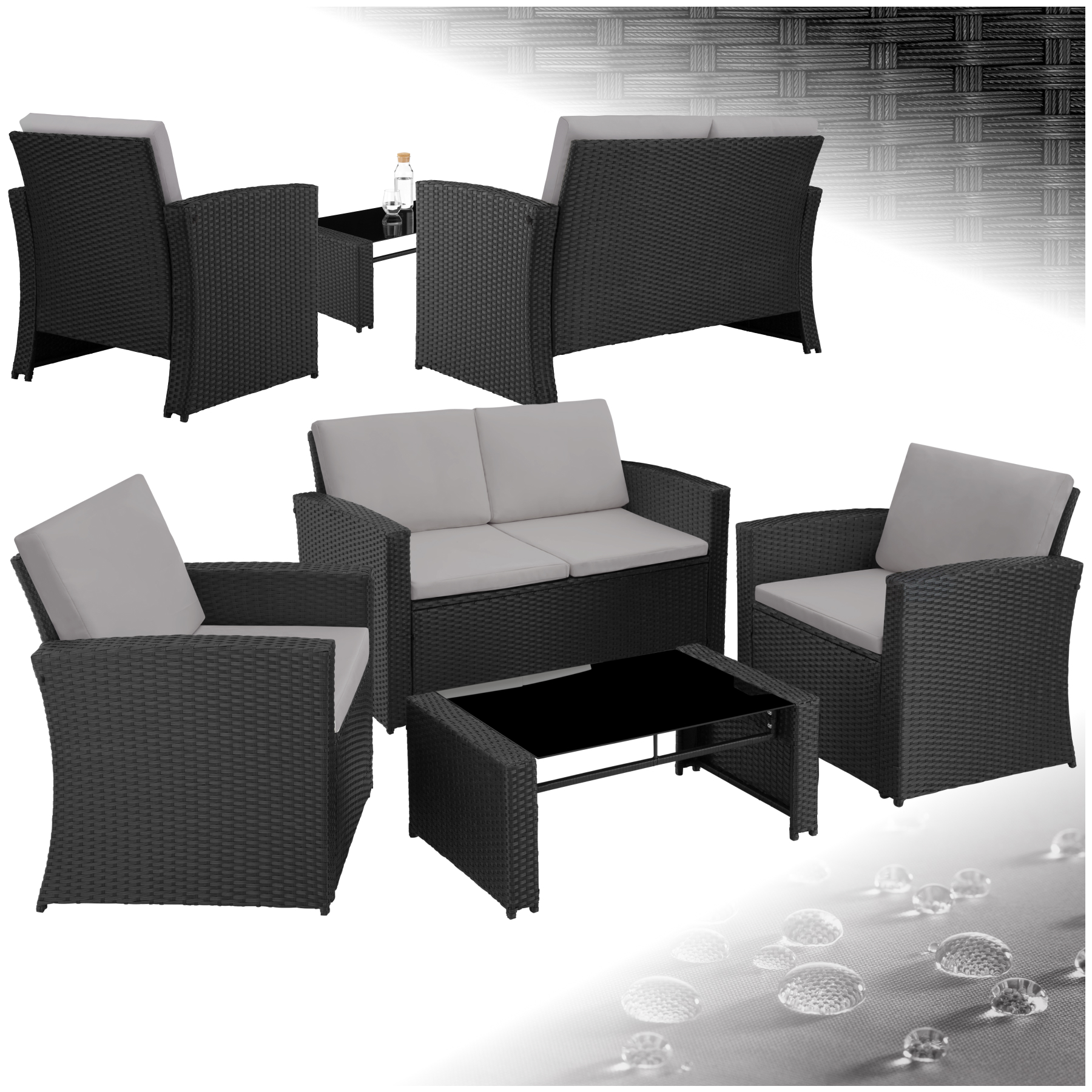 Garden Furniture Set Jesolo - 2 armchairs, 1 sofa, and coffee side table - black/grey