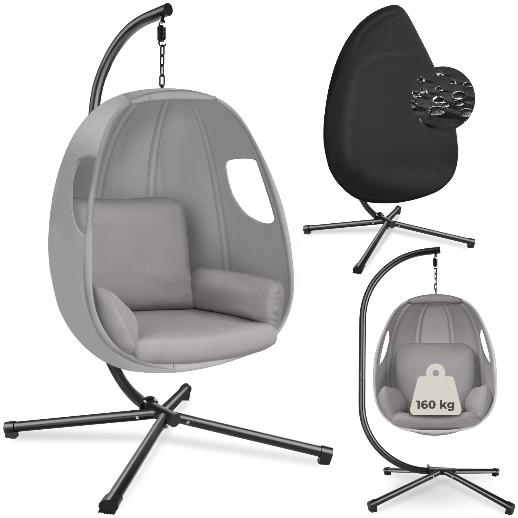 Hanging Egg Chair Anika - with frame and extra thick seat cushion - light grey | tectake