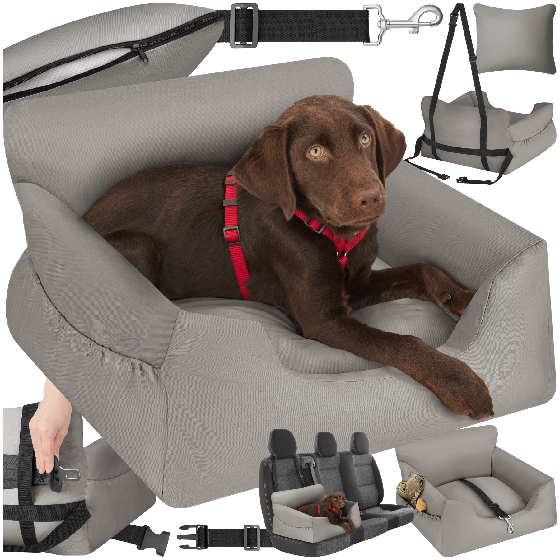 Asiento de coche para perros Milow, acolchado con correa de seguridad - gris | tectake