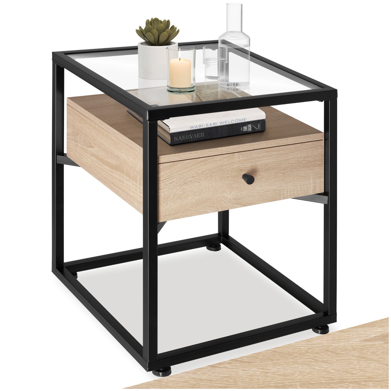 Nightstand with glass surface and drawer - industrial wood light, oak Sonoma | tectake