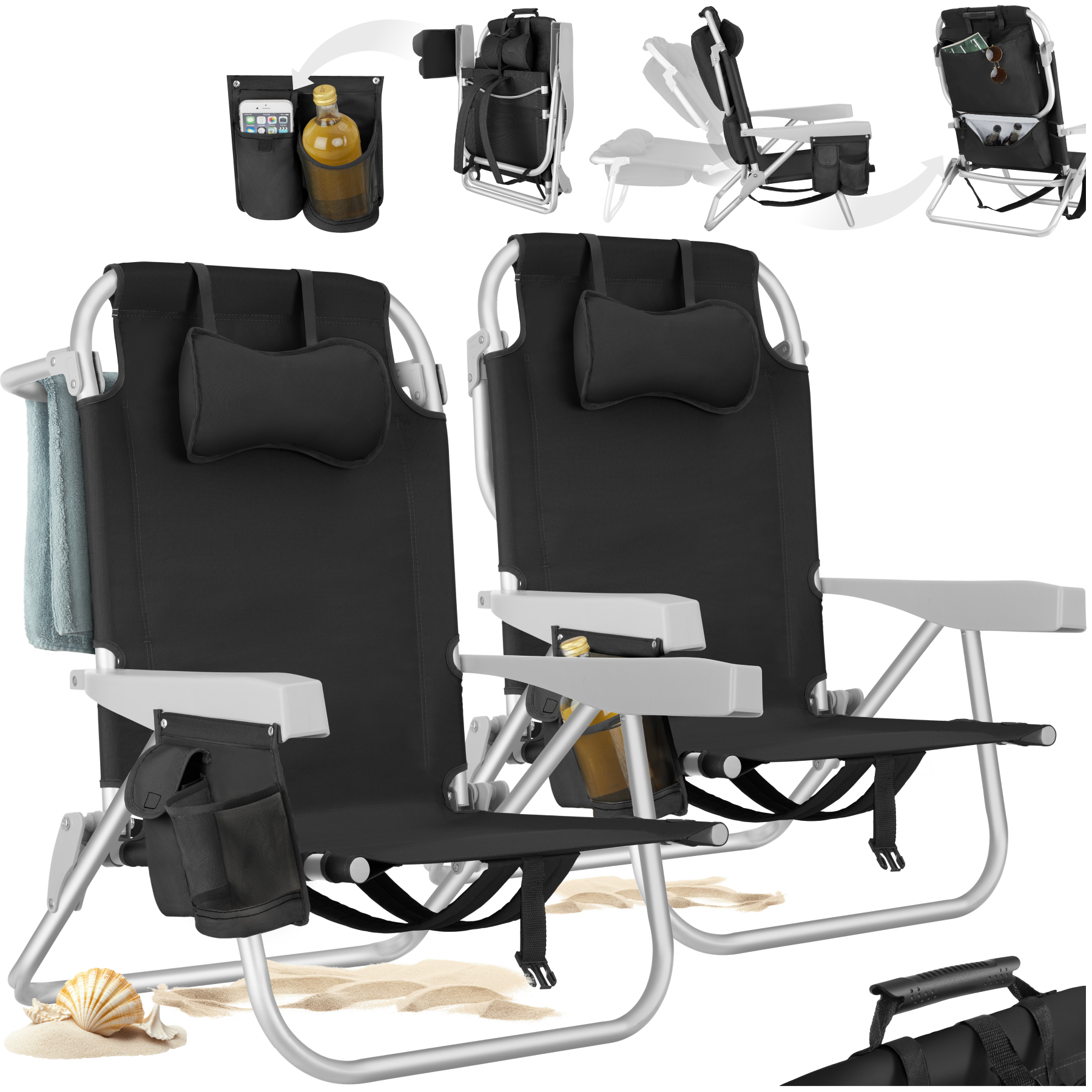 Aluminium strandstoel Coral, opvouwbaar met rugzakfunctie - zwart, Set van 2 | tectake