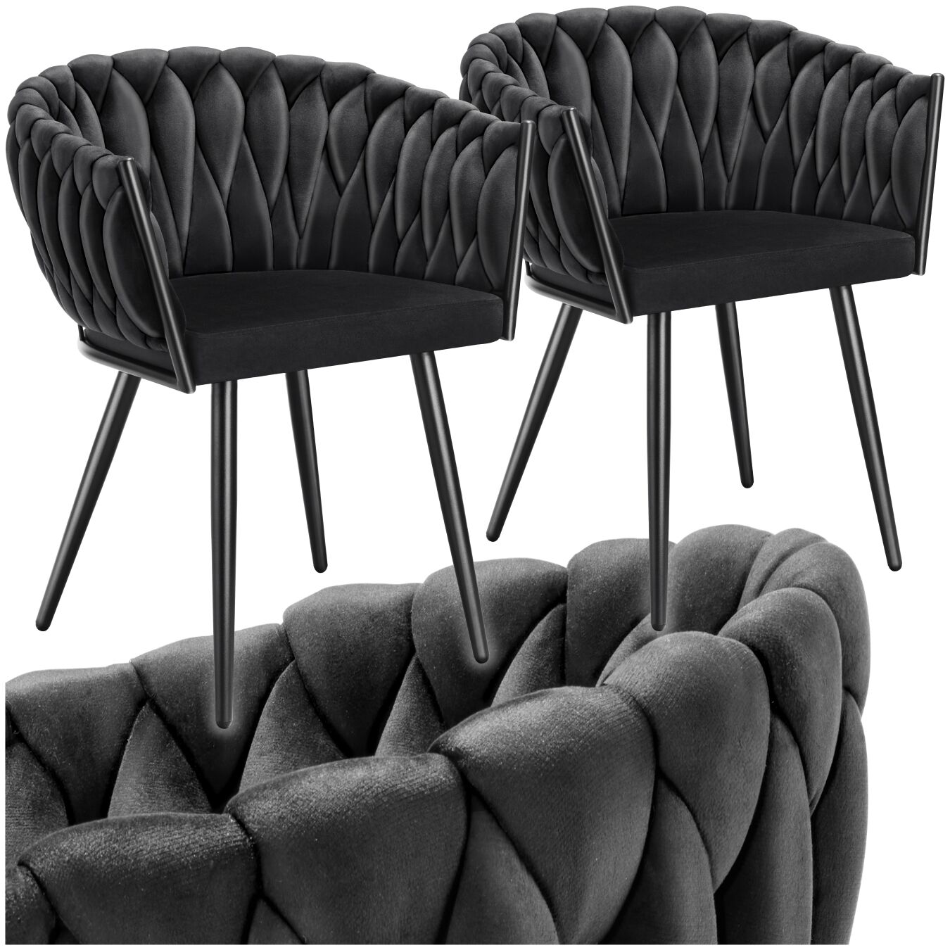 Set de chaises de salle à manger Astano velours design noué - noir, Lot de 2 | tectake
