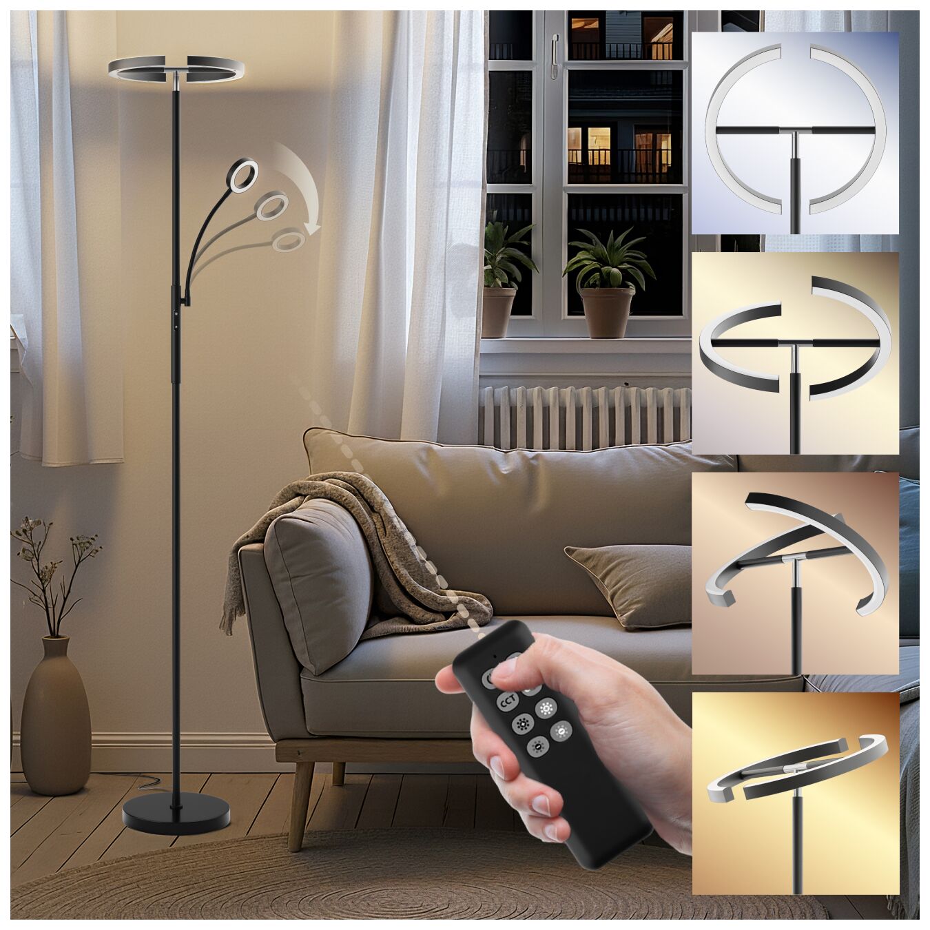Deckenfluter Auralis LED 20W, Leselicht, dimmbar - schwarz