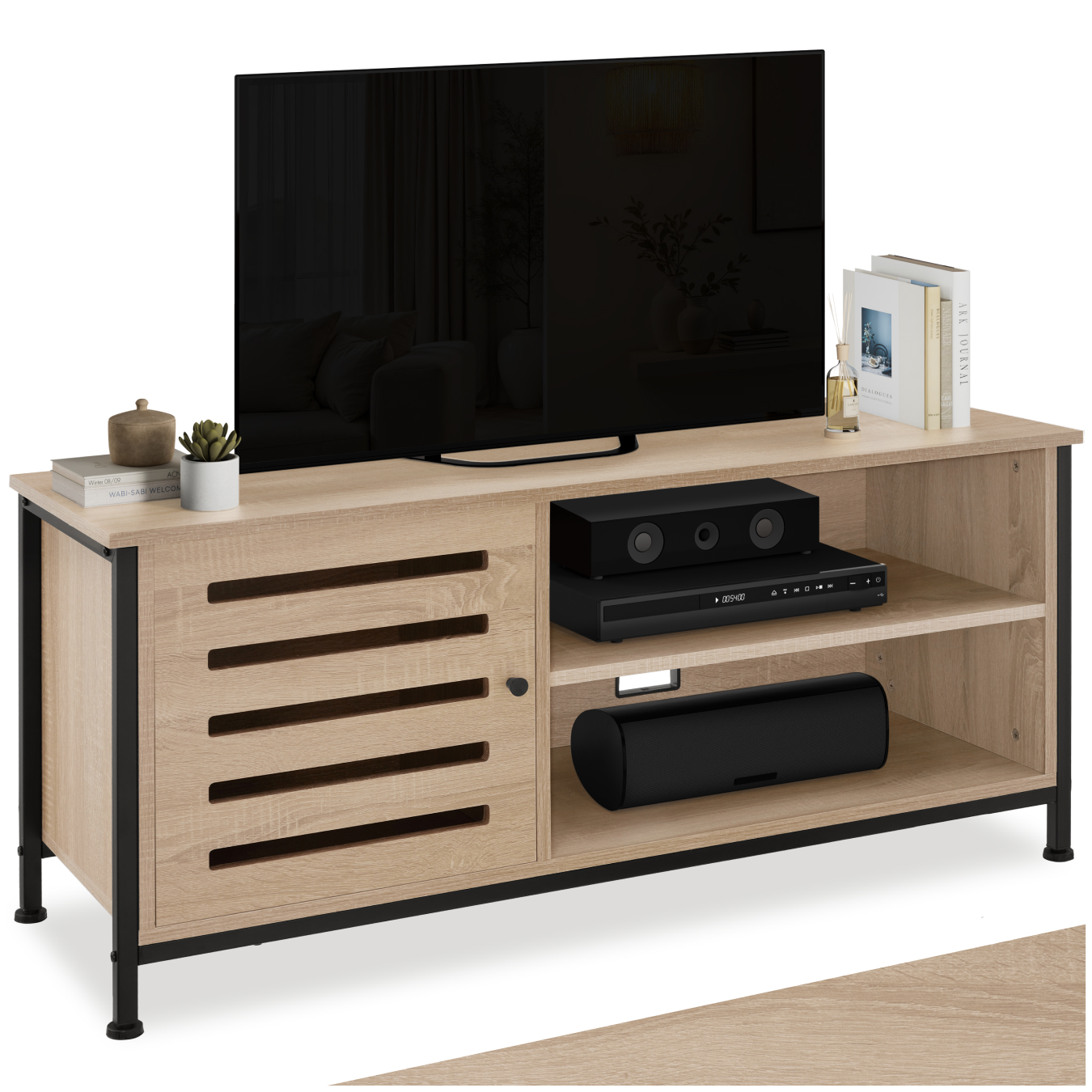 TV Stand - lowboard cabinet, 2 shelves, storage compartment with door, 2 cable cutouts - industrial wood light, oak Sonoma