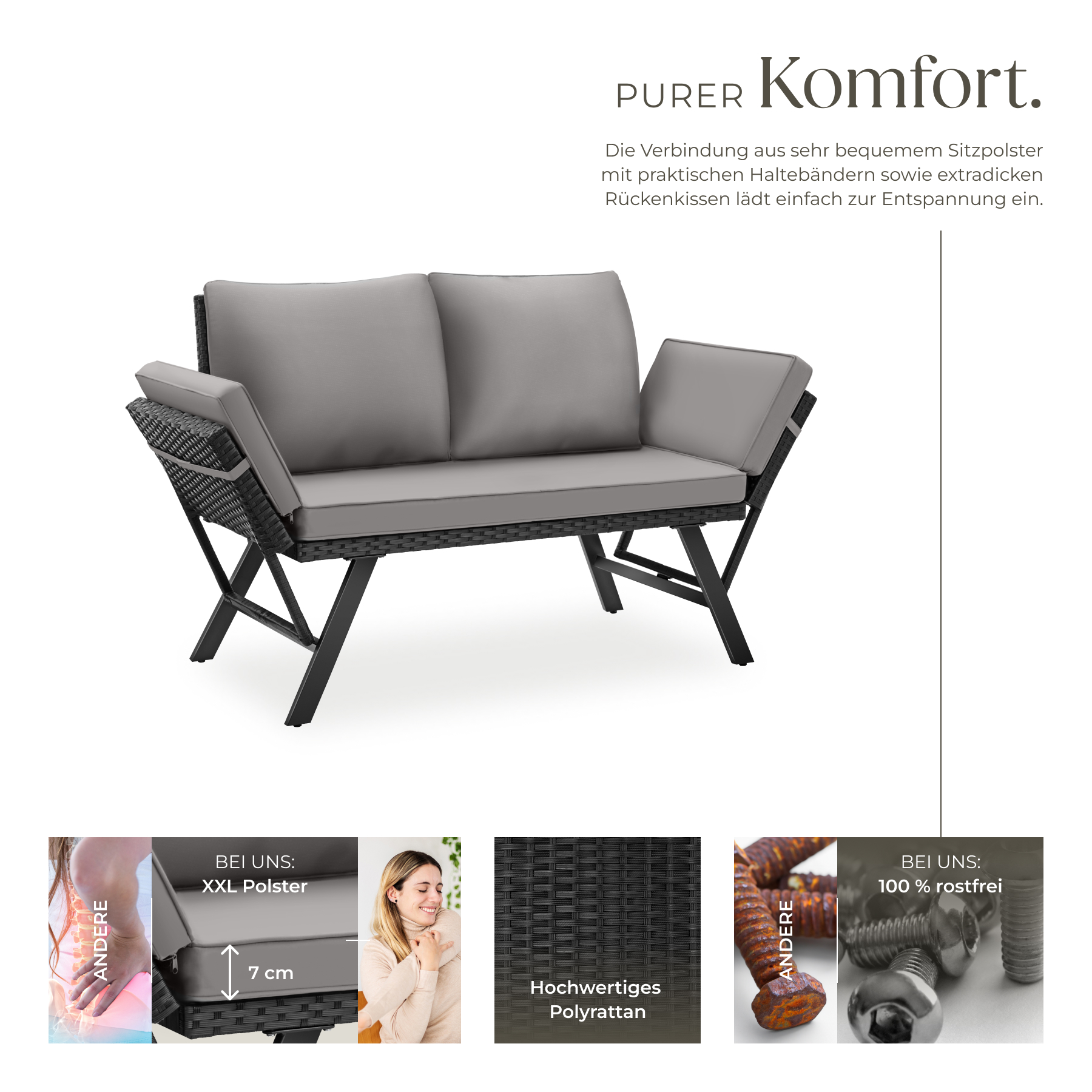 Rattan-Loungesofa Liege Gartensofa verstellbare Armlehnen gepolstert 250kg