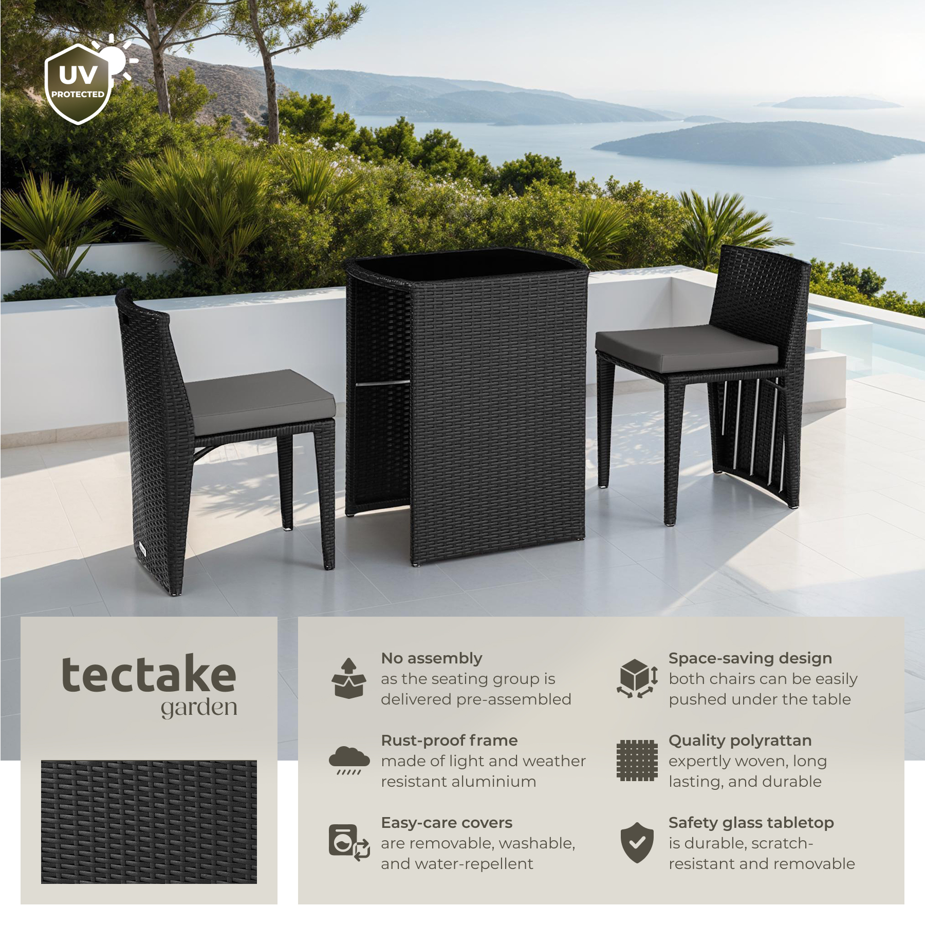 Rattan Garden Bistro Set | 2 Chair 1 Table Outdoor Patio Furniture Metal Seater - Picture 15 of 37