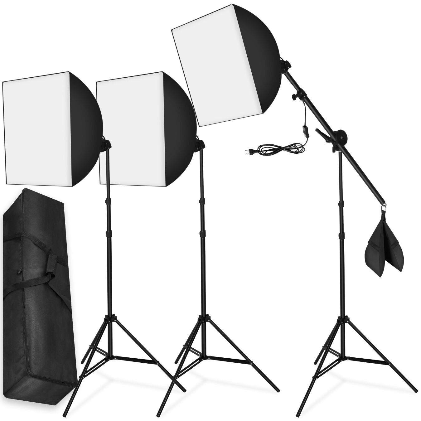 Juego de 3 lámparas de estudio con softbox, trípode de aluminio y bolsa - negro | tectake