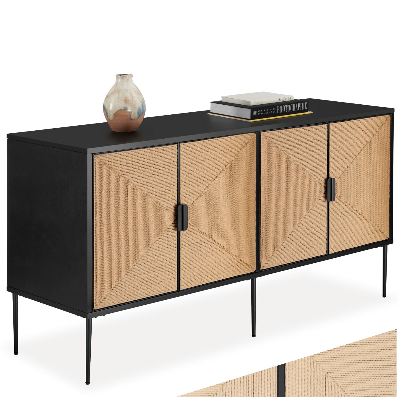 Credenza Juna, parti frontali effetto juta, 2 scomparti armadio - nero/marrone | tectake