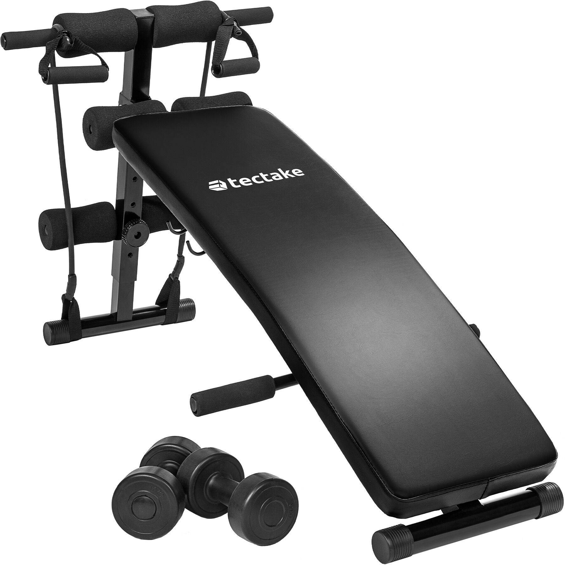 Sit-Up Bench Cuttler - 6 positions, padded leg brace, foldable, inc. 2 dumbbells and elastic bands - black
