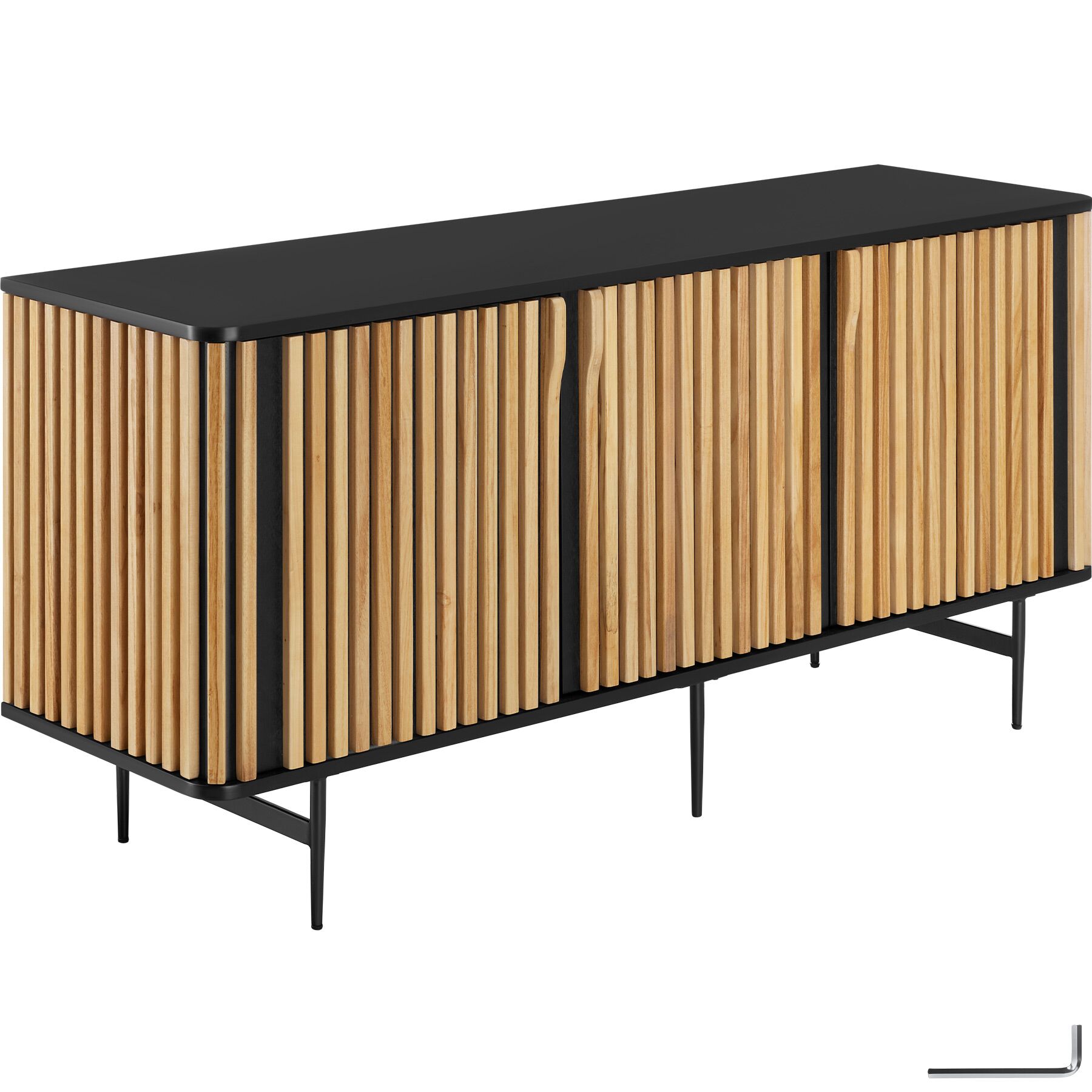 Dressoir Lineo, lamellenlook, 3 kastvakken - zwart/bruin