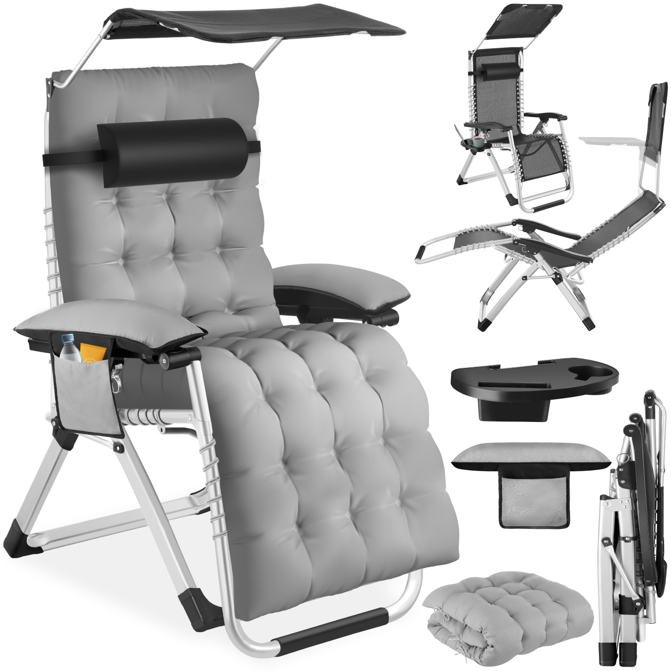 Sun Lounger Cirrus with Plush Padding, Built-in Sun Shade and Folding Function - light grey, per piece