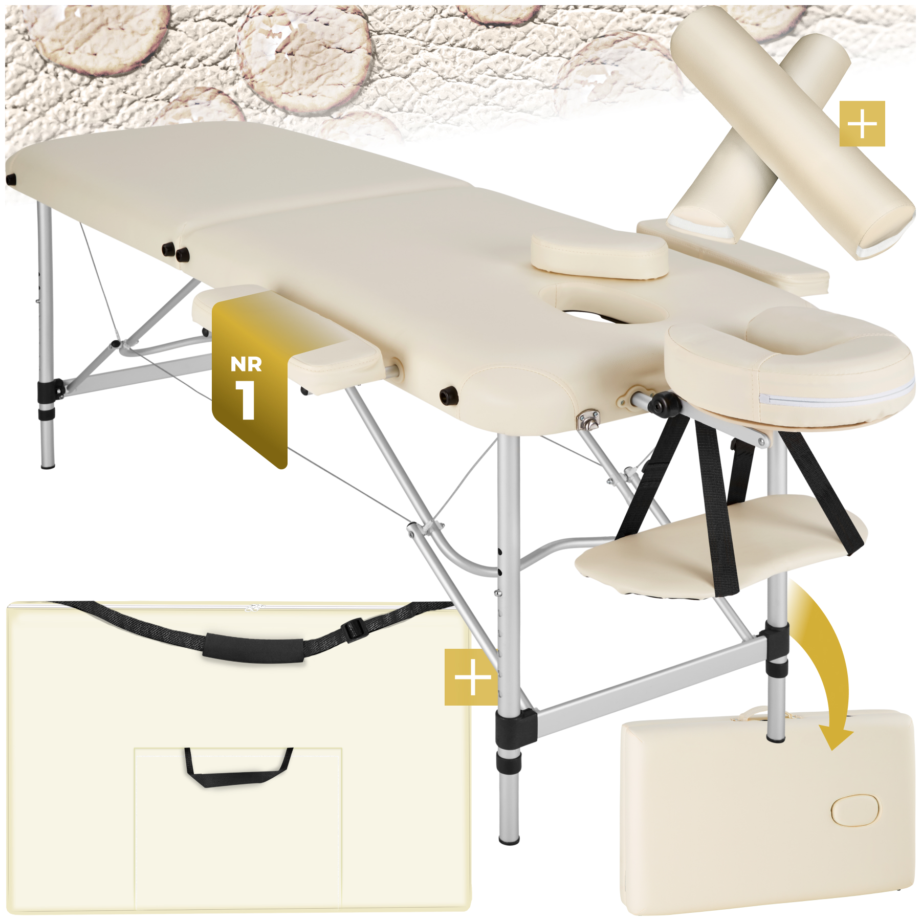 2 Zonen Massageliege-Set mit Polsterung, Massagerollen und Aluminiumgestell - beige