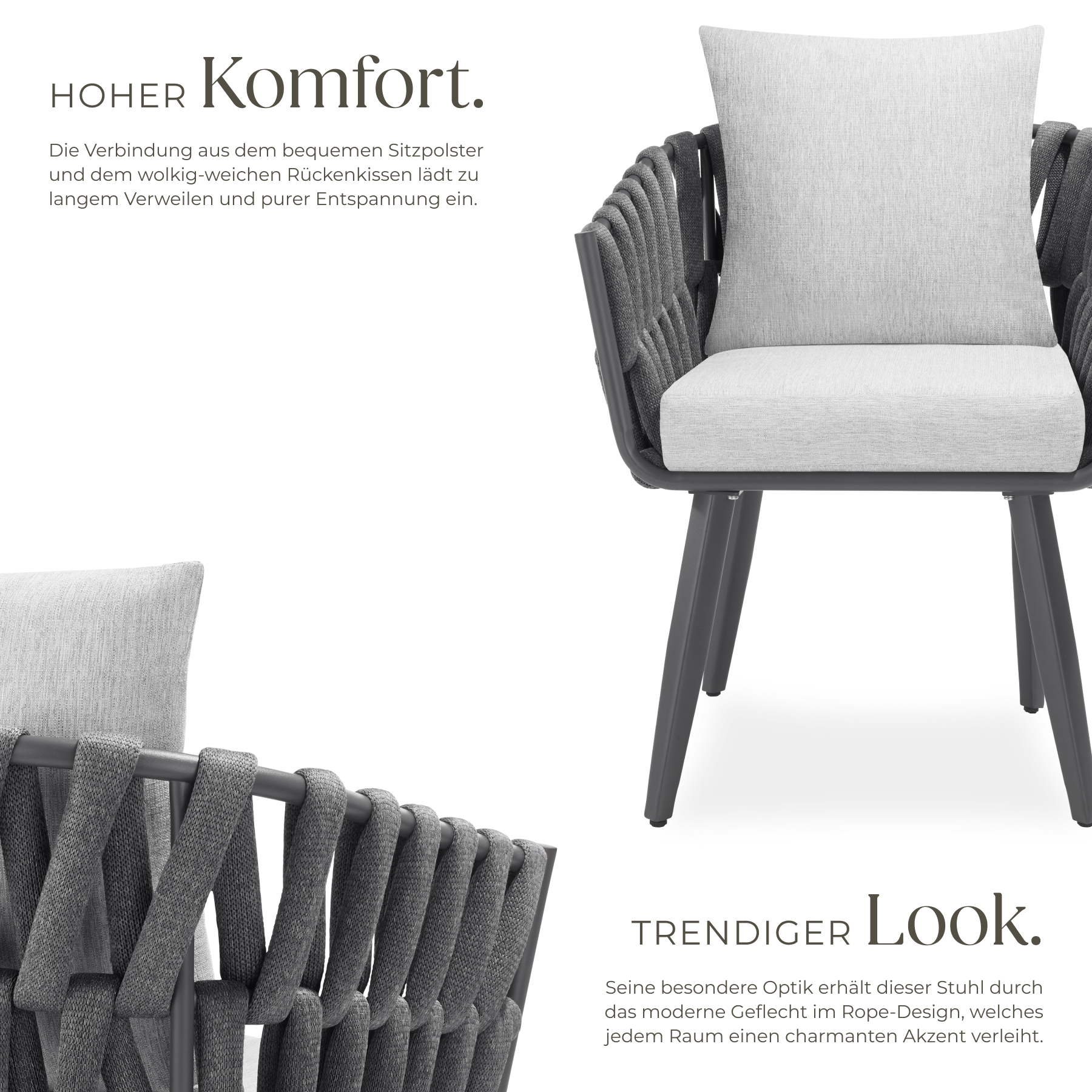 2er Set Stuhl Lugano Im Rope-Design Mit Aluminiumgestell - Anthrazit