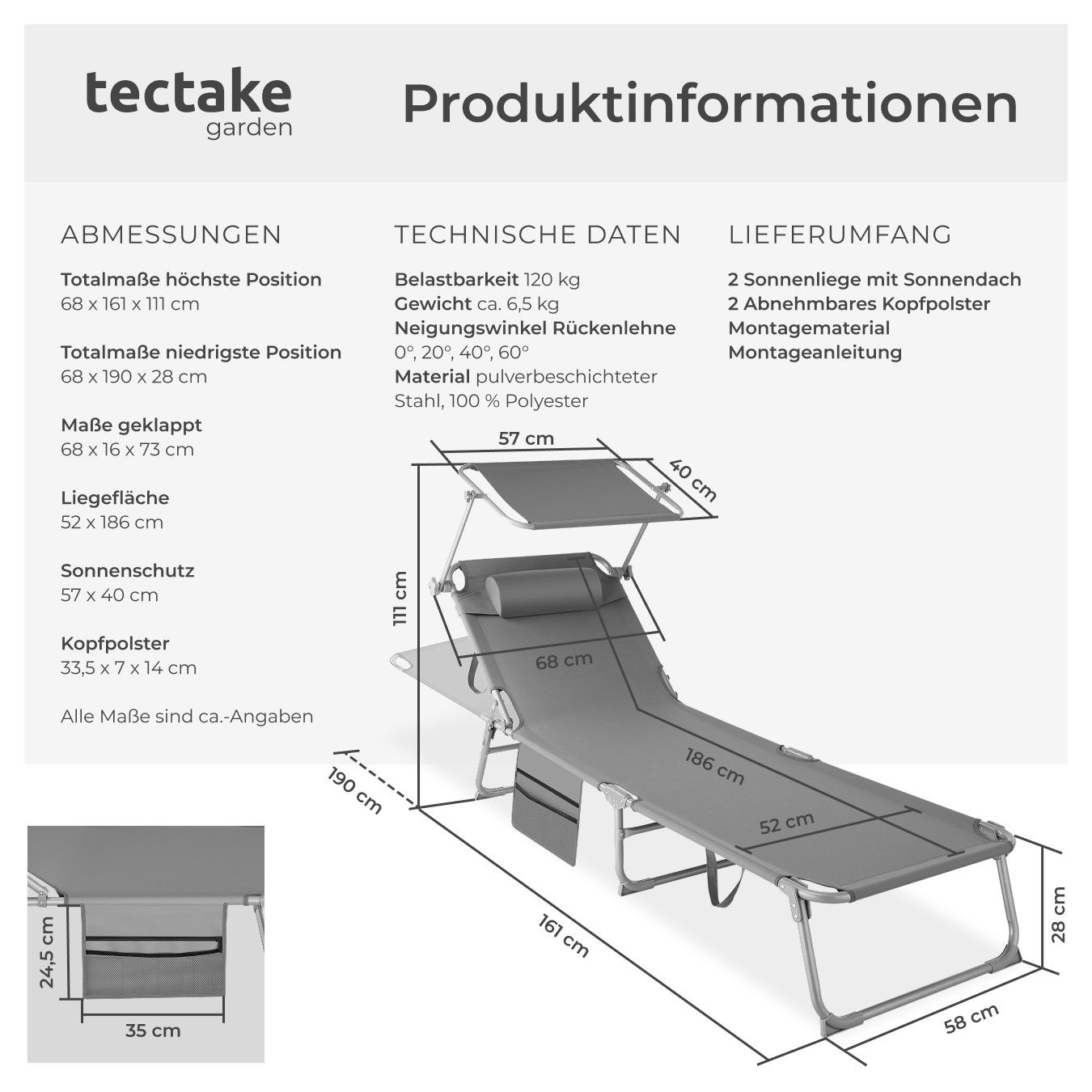 2er Set Sonnenliege Klappbar mit Dach Liegestuhl Relaxliege Kopfpolster Liege