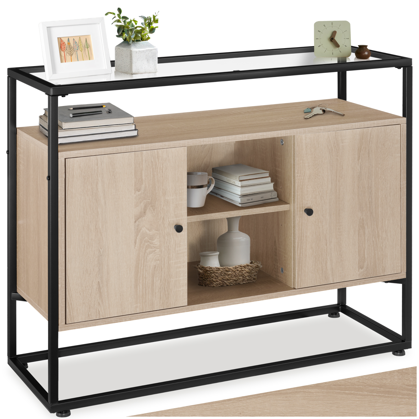 Sideboard Beistellschrank Küchenschrank mit Glasoberfläche Holz Metall Industrie