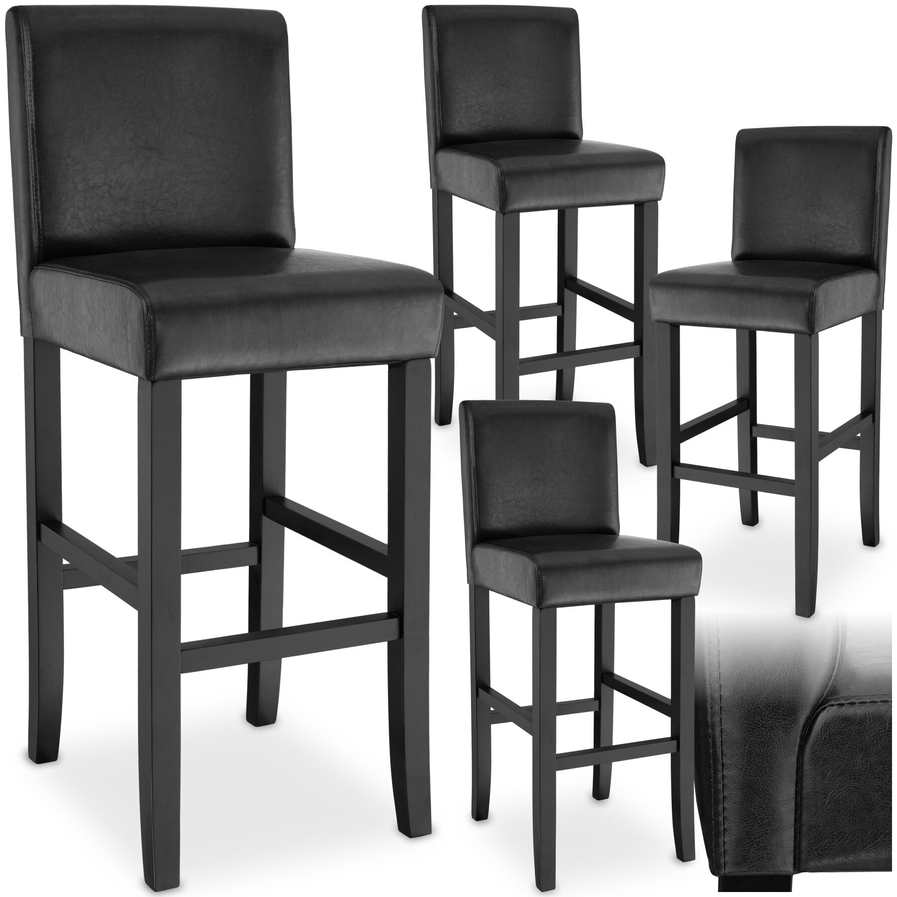 Bar Stools with a padded backrest and faux leather cover - black, Set of 4 | tectake