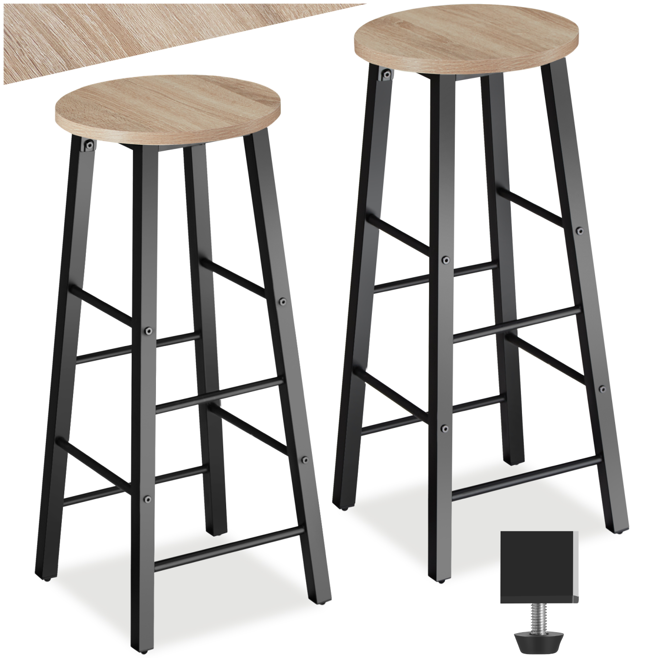 2er Set Barhocker, Industrial Style, Holz und Stahl, mit höhenverstellbaren Kunststofffüßen - industrial light | tectake