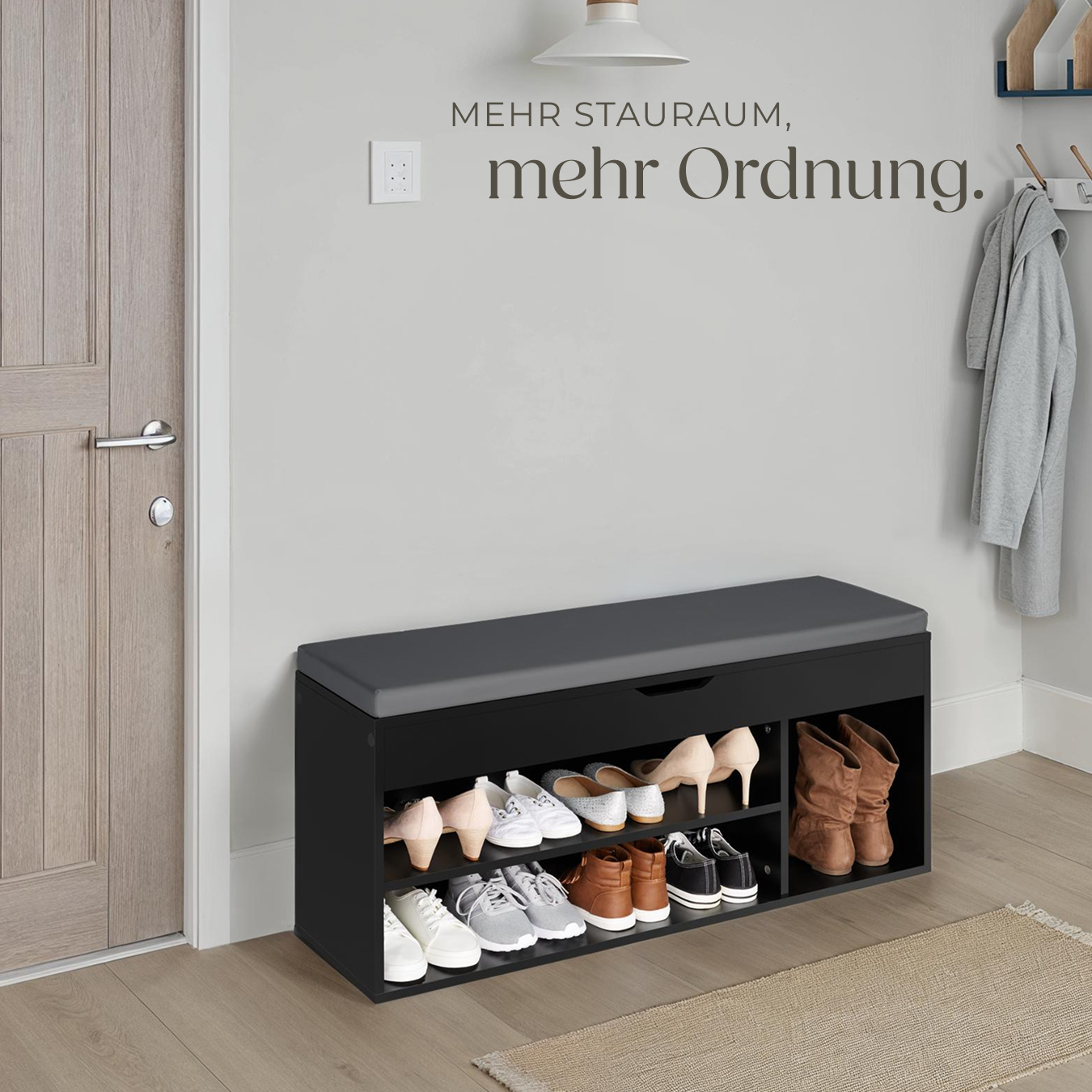 Schuhbank mit Sitzkissen Holz Schuhschrank Schuhregal Sitzfläche Klappfach 104cm - Bild 20 von 37